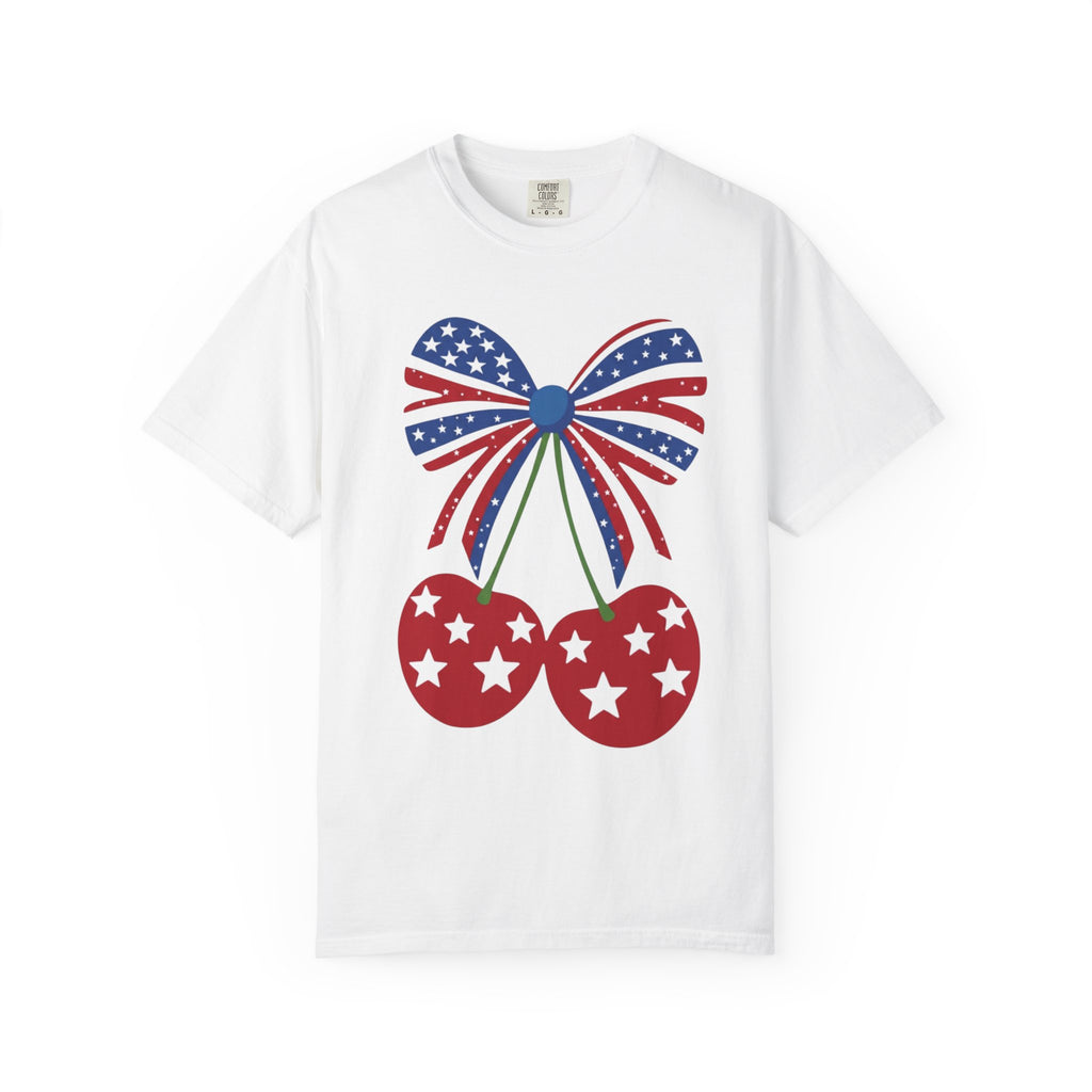 Patriotic Cherry T-Shirt — USA Flag Bow Cherries (Fourth of July)
