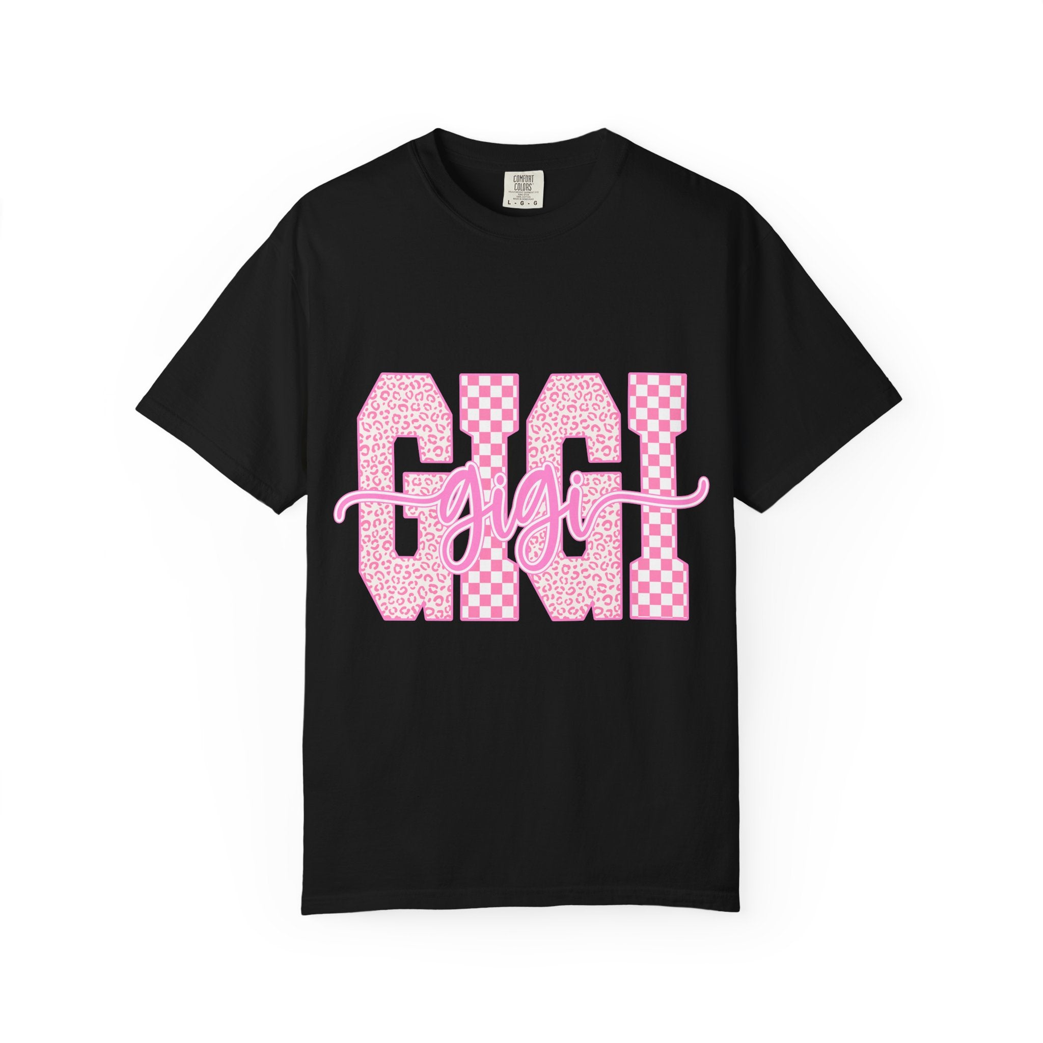 Gigi Pink Checkerboard Graphic Tee — Retro Floral & Checker 'GIGI' Shirt