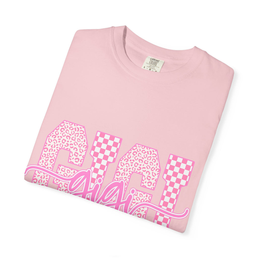 Gigi Pink Checkerboard Graphic Tee — Retro Floral & Checker 'GIGI' Shirt