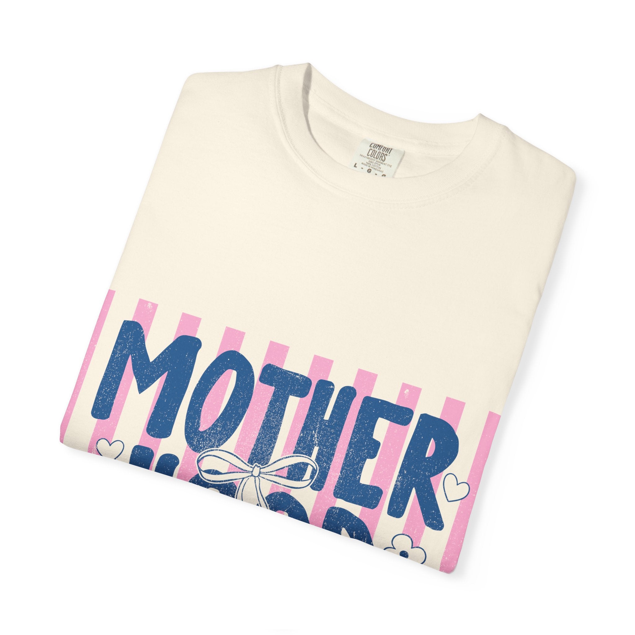 Motherhood Graphic T-Shirt — "Motherhood" Pink Stripe Floral Tee for Moms