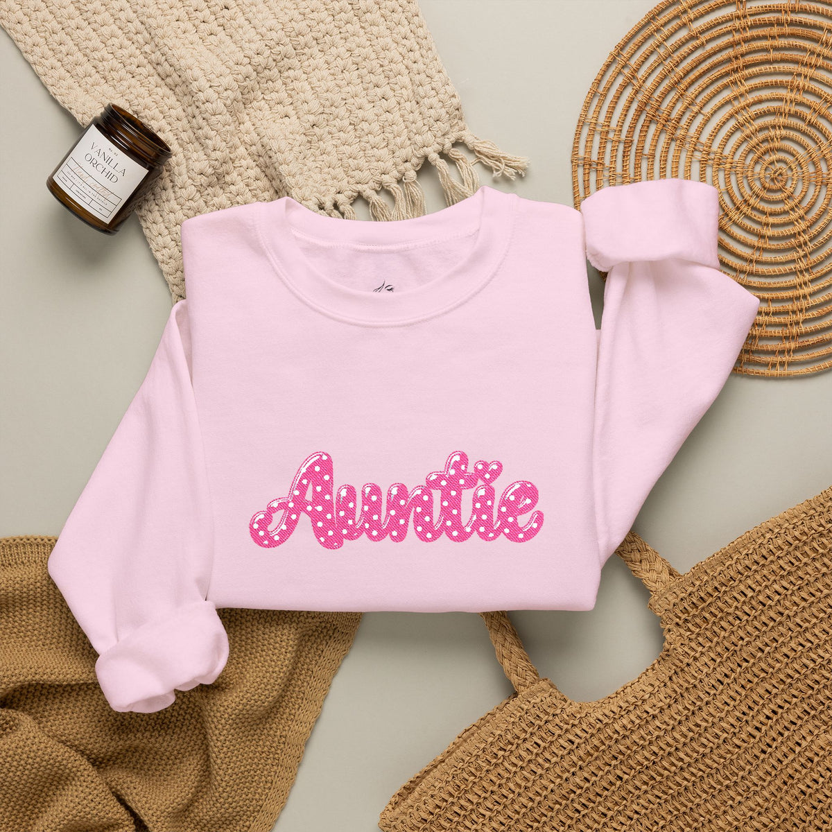 Auntie Crewneck Sweatshirt — Pink Glitter Text Casual Pullover