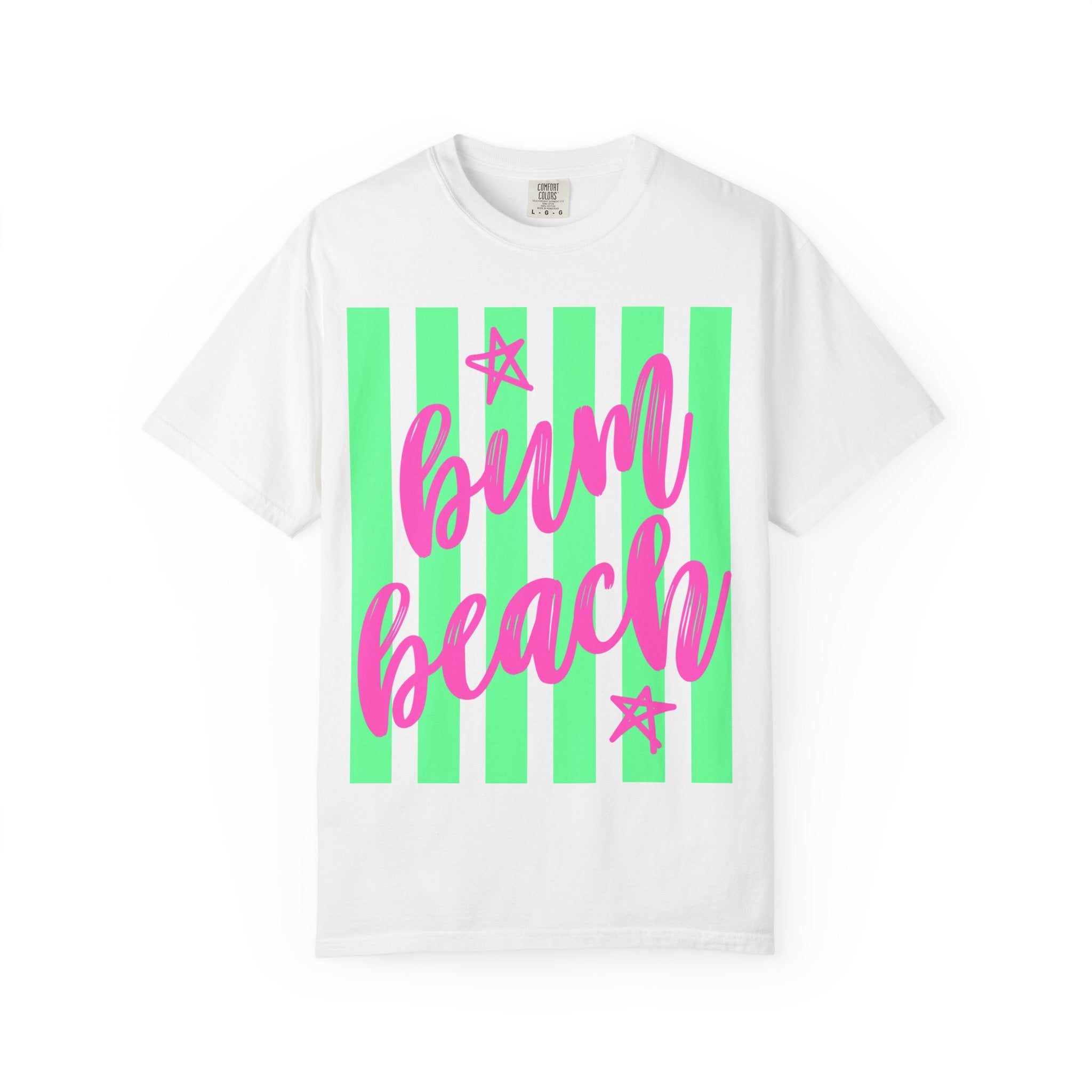 Bum Beach T-Shirt — Neon Pink Script on Green Stripe Summer Tee