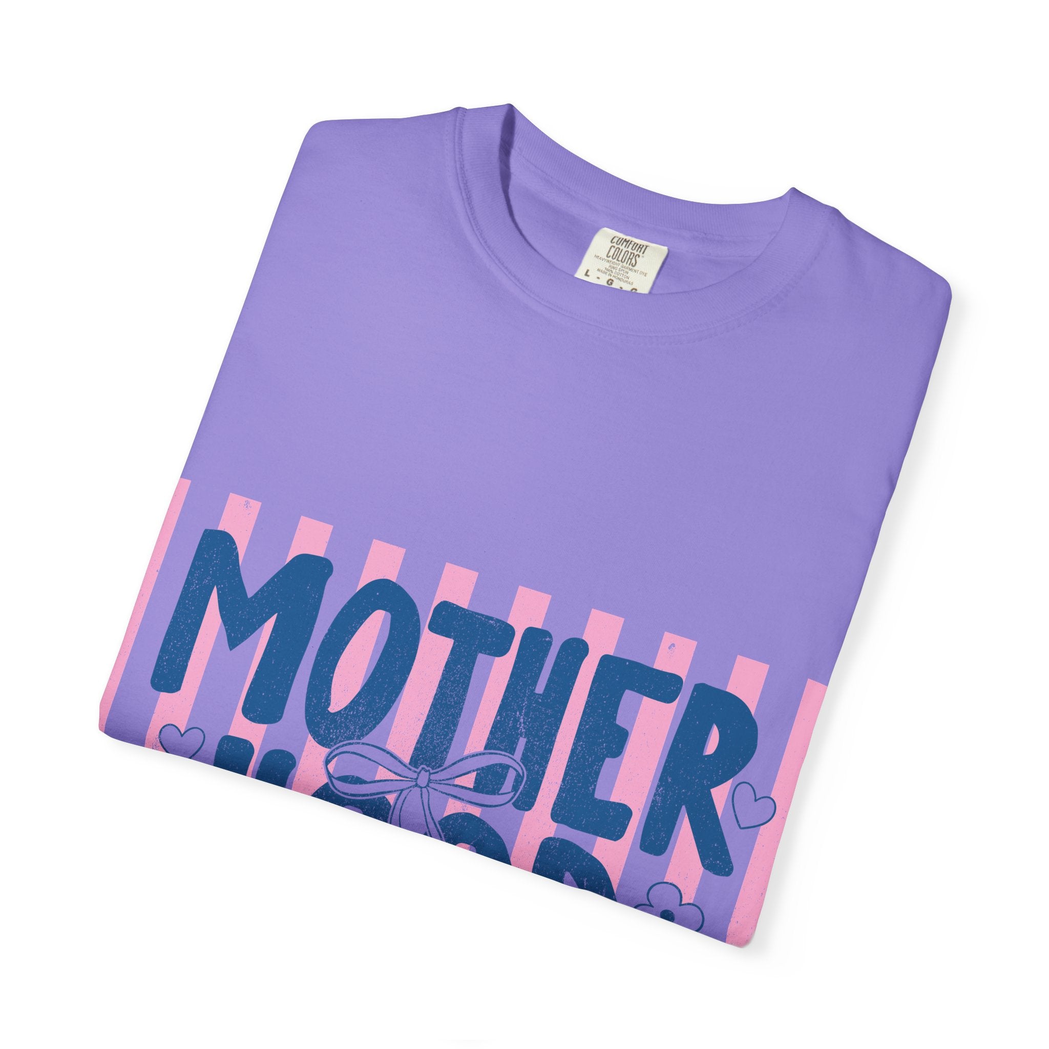 Motherhood Graphic T-Shirt — "Motherhood" Pink Stripe Floral Tee for Moms