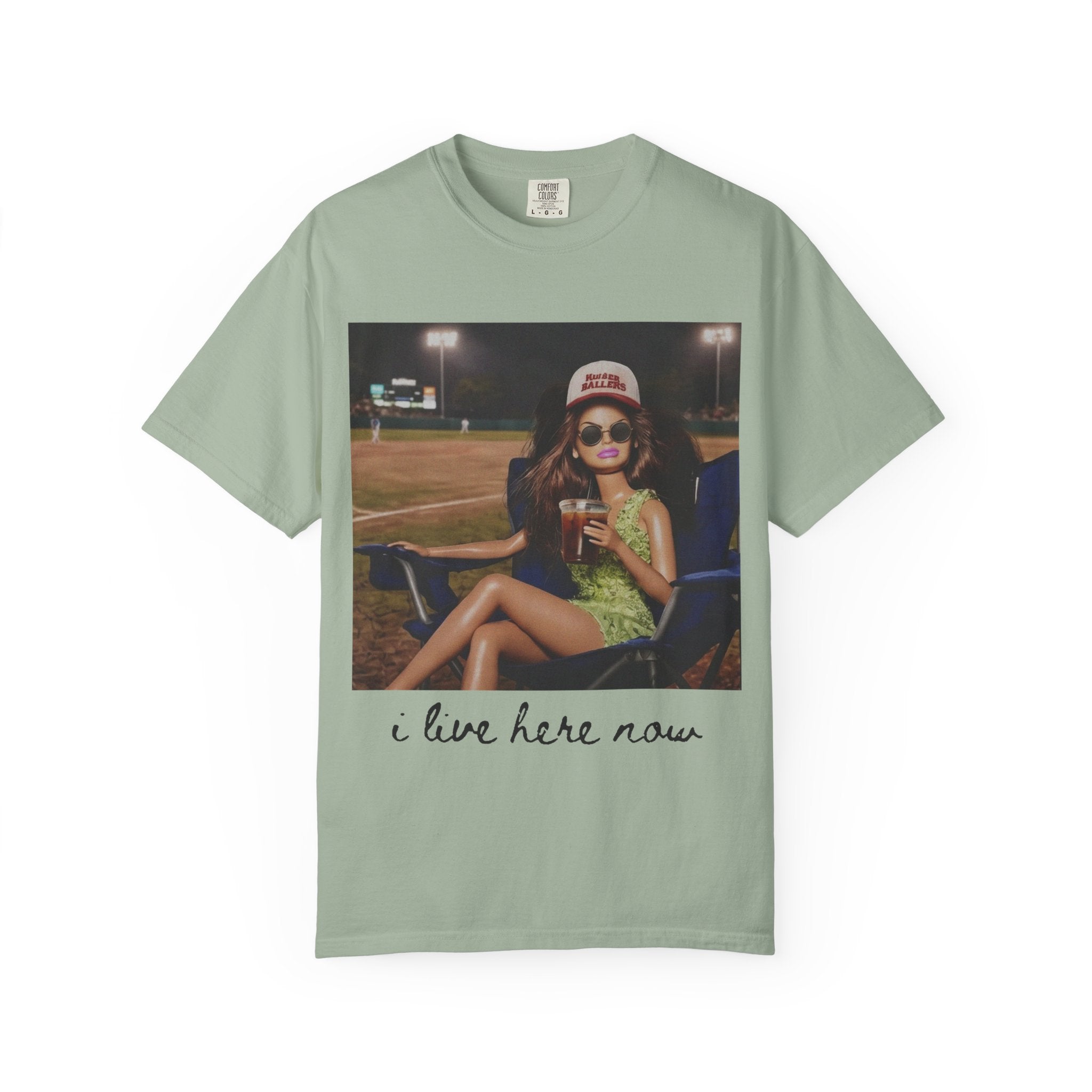 Graphic T-Shirt — 'I Live Here Now' Retro Girl Photo Tee