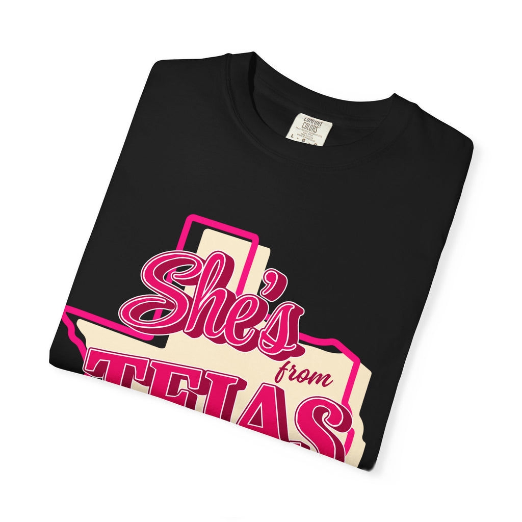 She's From Tejas T-Shirt — Retro Texas Pride Pink Graphic Tee