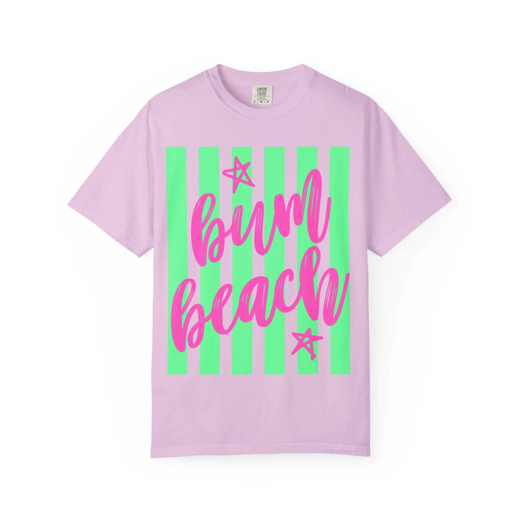 Bum Beach T-Shirt — Neon Pink Script on Green Stripe Summer Tee