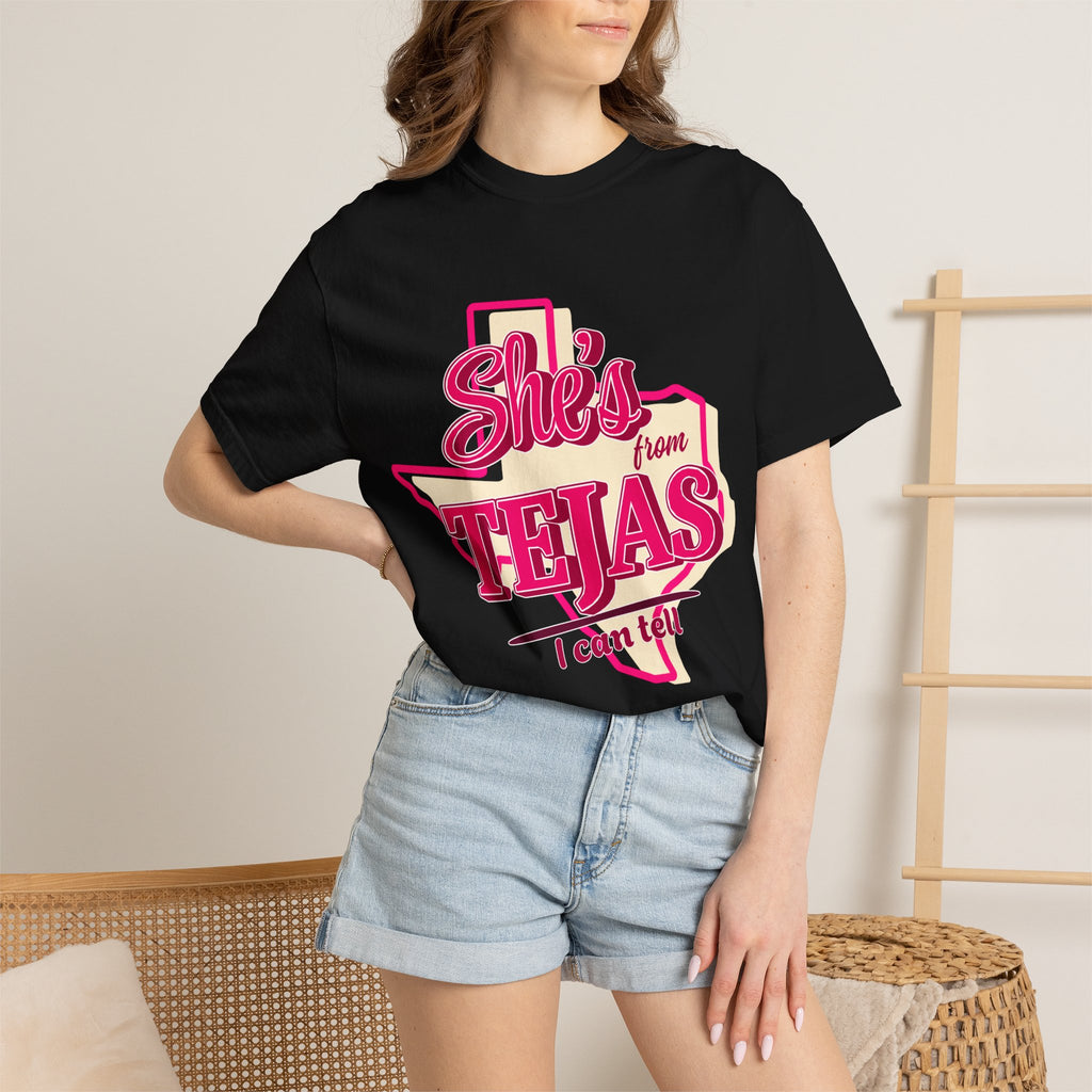 She's From Tejas T-Shirt — Retro Texas Pride Pink Graphic Tee