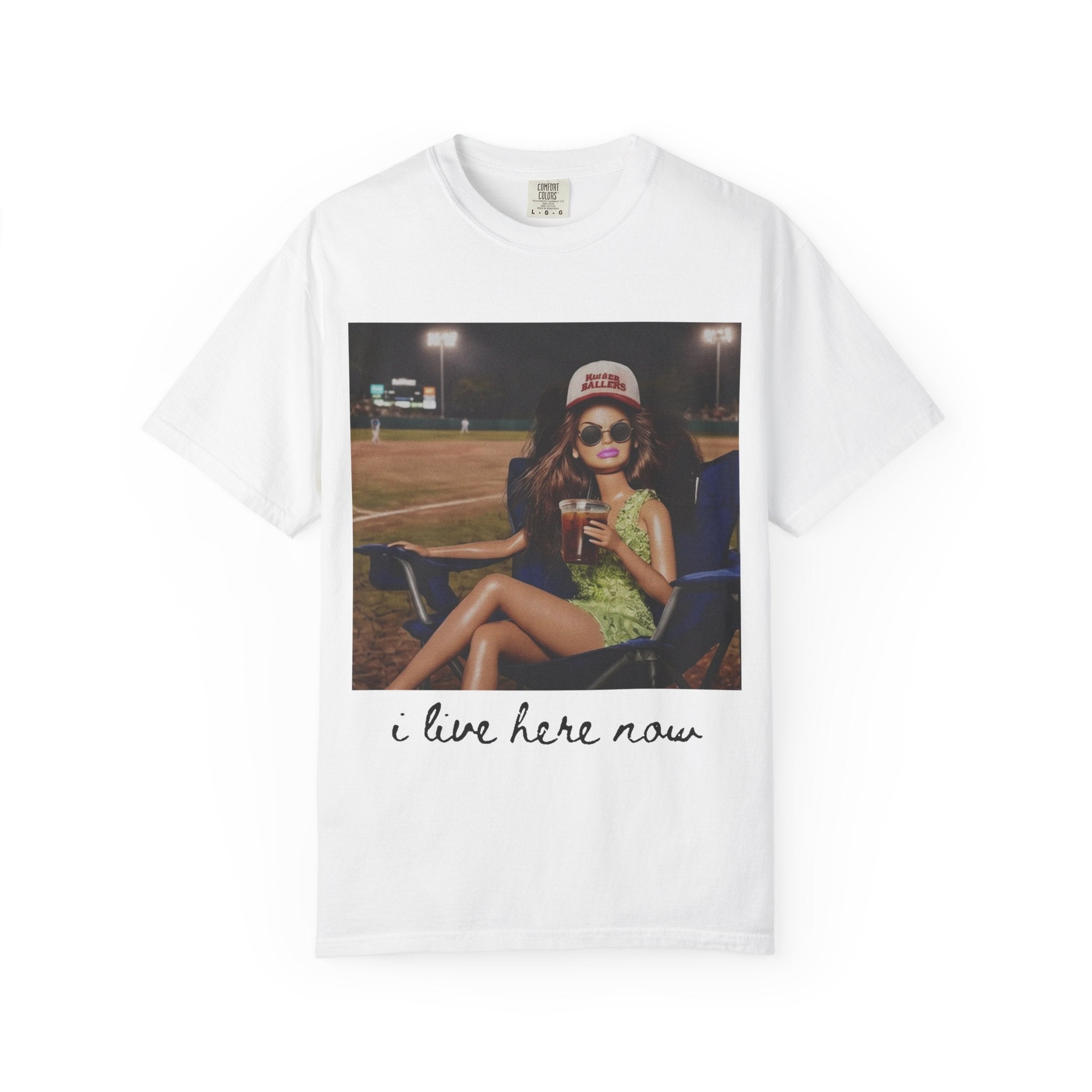 Graphic T-Shirt — 'I Live Here Now' Retro Girl Photo Tee