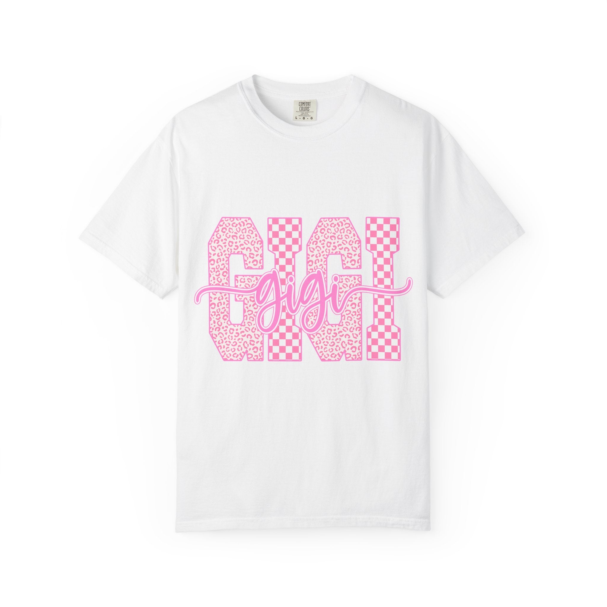 Gigi Pink Checkerboard Graphic Tee — Retro Floral & Checker 'GIGI' Shirt