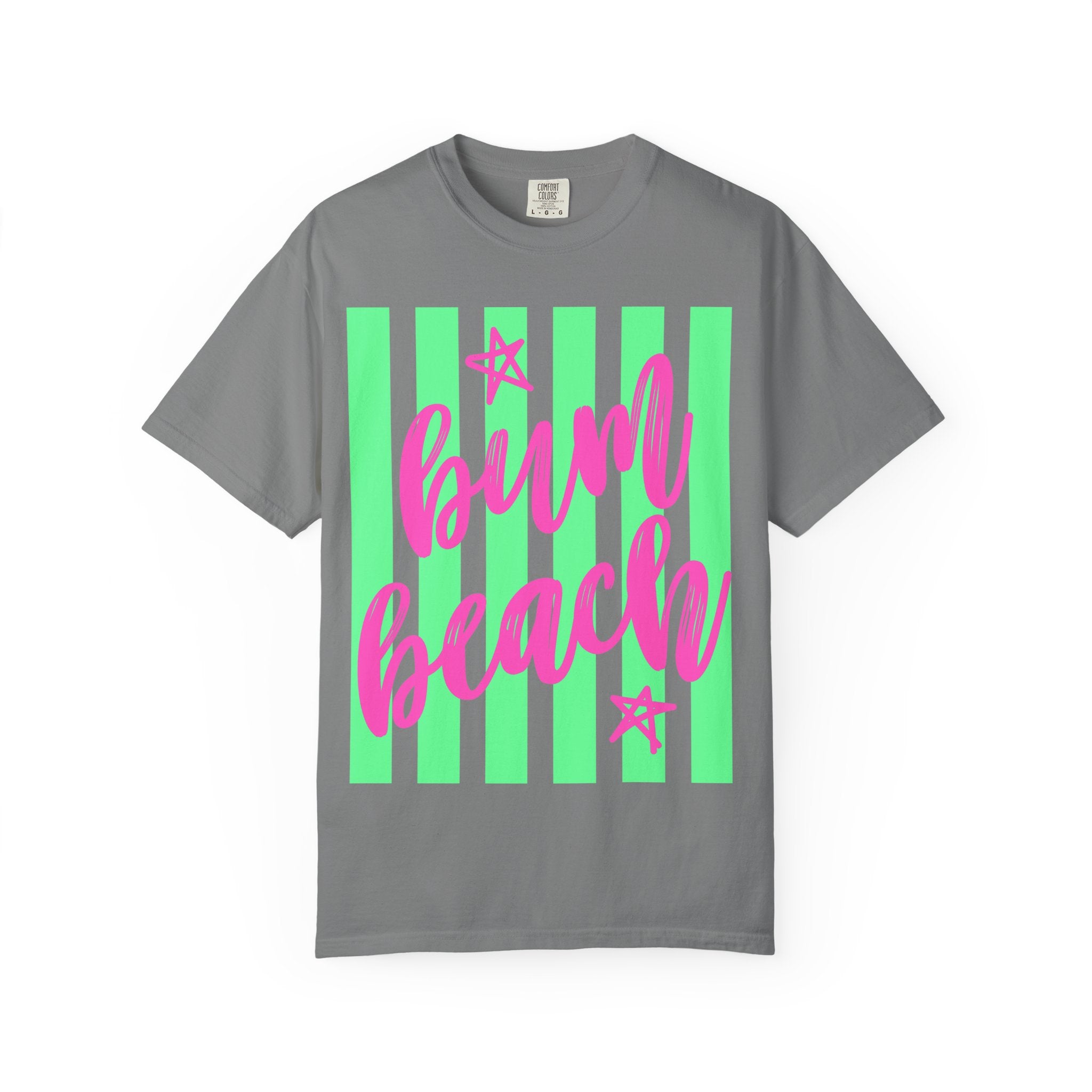 Bum Beach T-Shirt — Neon Pink Script on Green Stripe Summer Tee