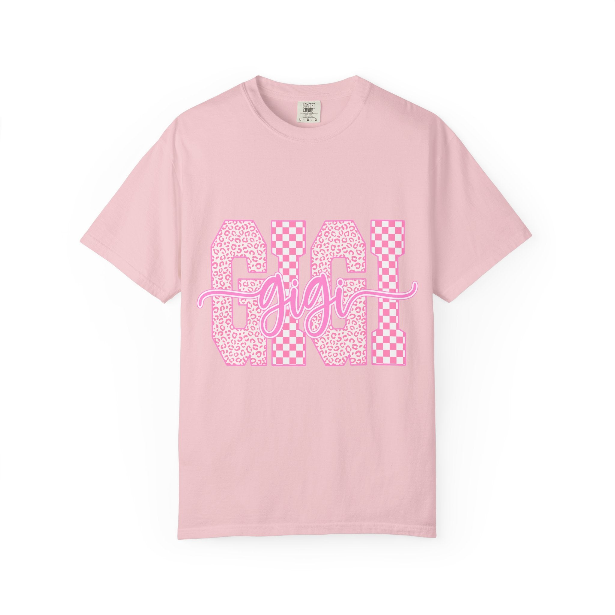 Gigi Pink Checkerboard Graphic Tee — Retro Floral & Checker 'GIGI' Shirt