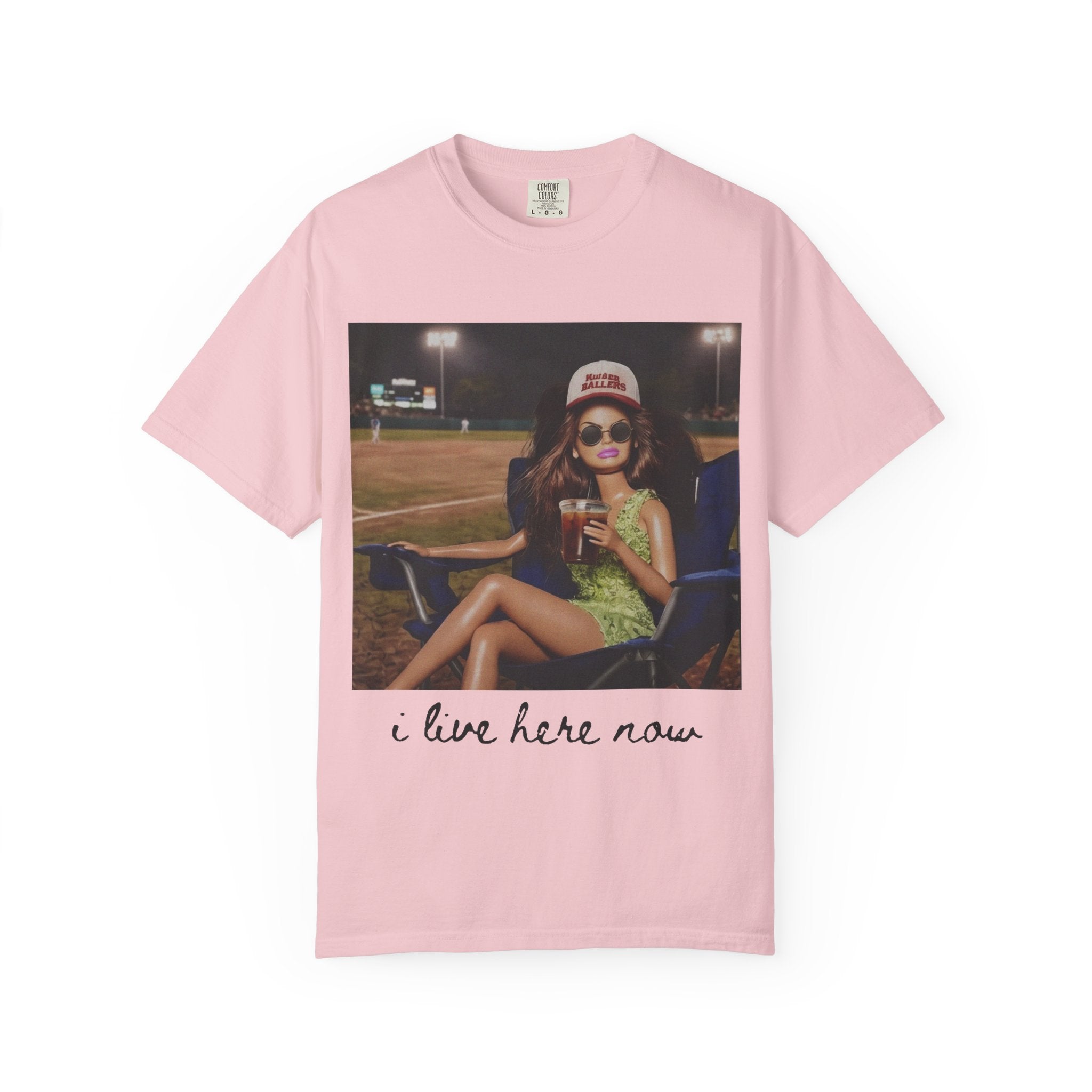 Graphic T-Shirt — 'I Live Here Now' Retro Girl Photo Tee