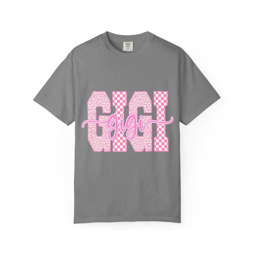 Gigi Pink Checkerboard Graphic Tee — Retro Floral & Checker 'GIGI' Shirt