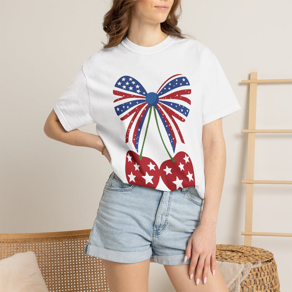 Patriotic Cherry T-Shirt — USA Flag Bow Cherries (Fourth of July)