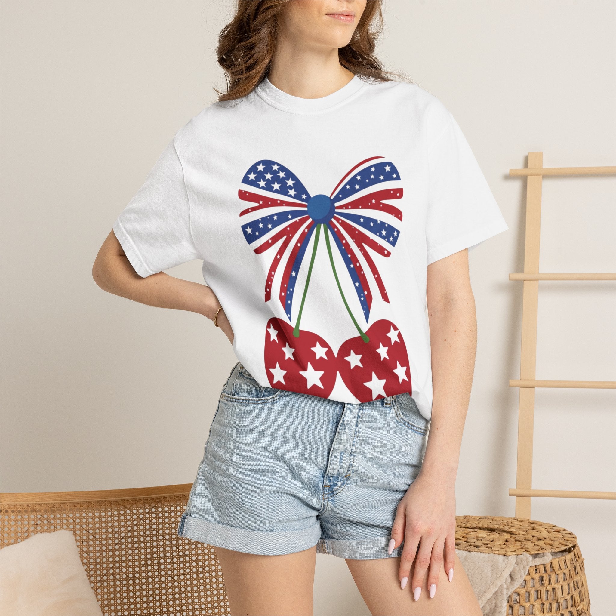 Patriotic Cherry T-Shirt — USA Flag Bow Cherries (Fourth of July)