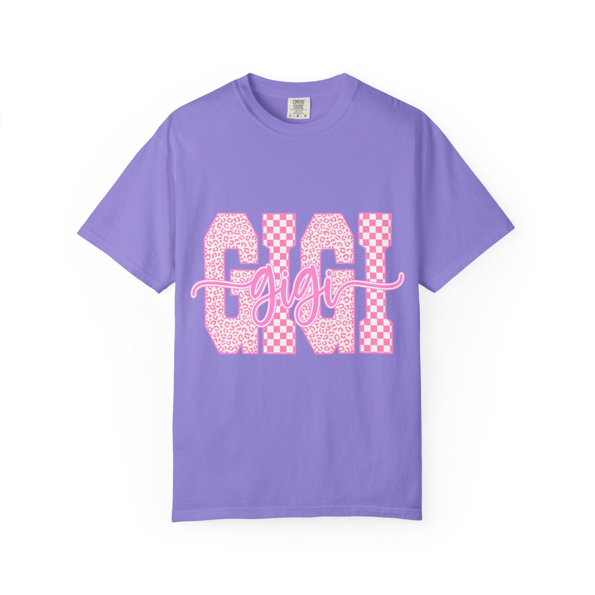 Gigi Pink Checkerboard Graphic Tee — Retro Floral & Checker 'GIGI' Shirt