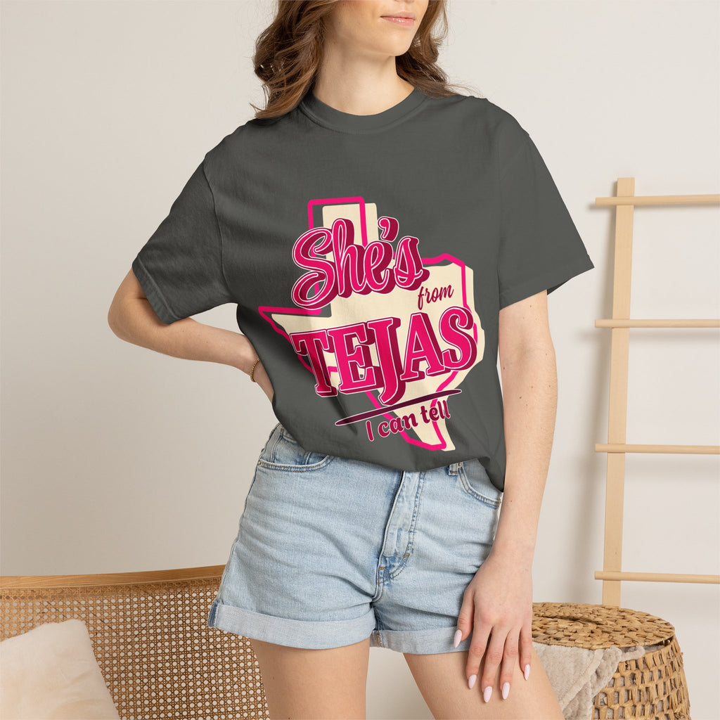 She's From Tejas T-Shirt — Retro Texas Pride Pink Graphic Tee