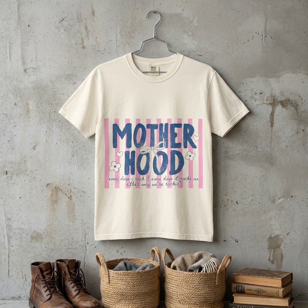 Motherhood Graphic T-Shirt — "Motherhood" Pink Stripe Floral Tee for Moms