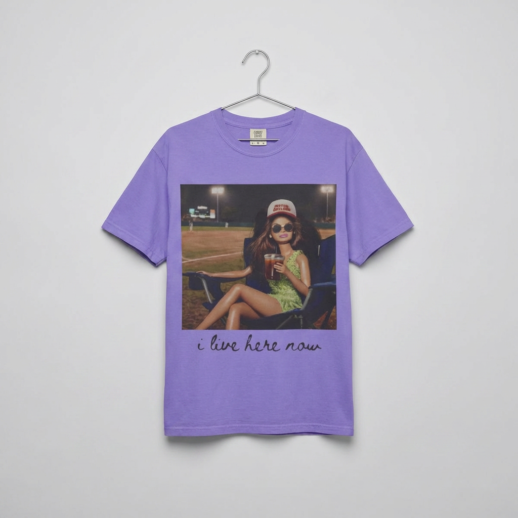 Graphic T-Shirt — 'I Live Here Now' Retro Girl Photo Tee