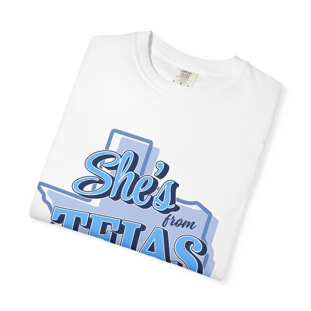 She's From Tejas T-Shirt — Texas Retro Script Tee