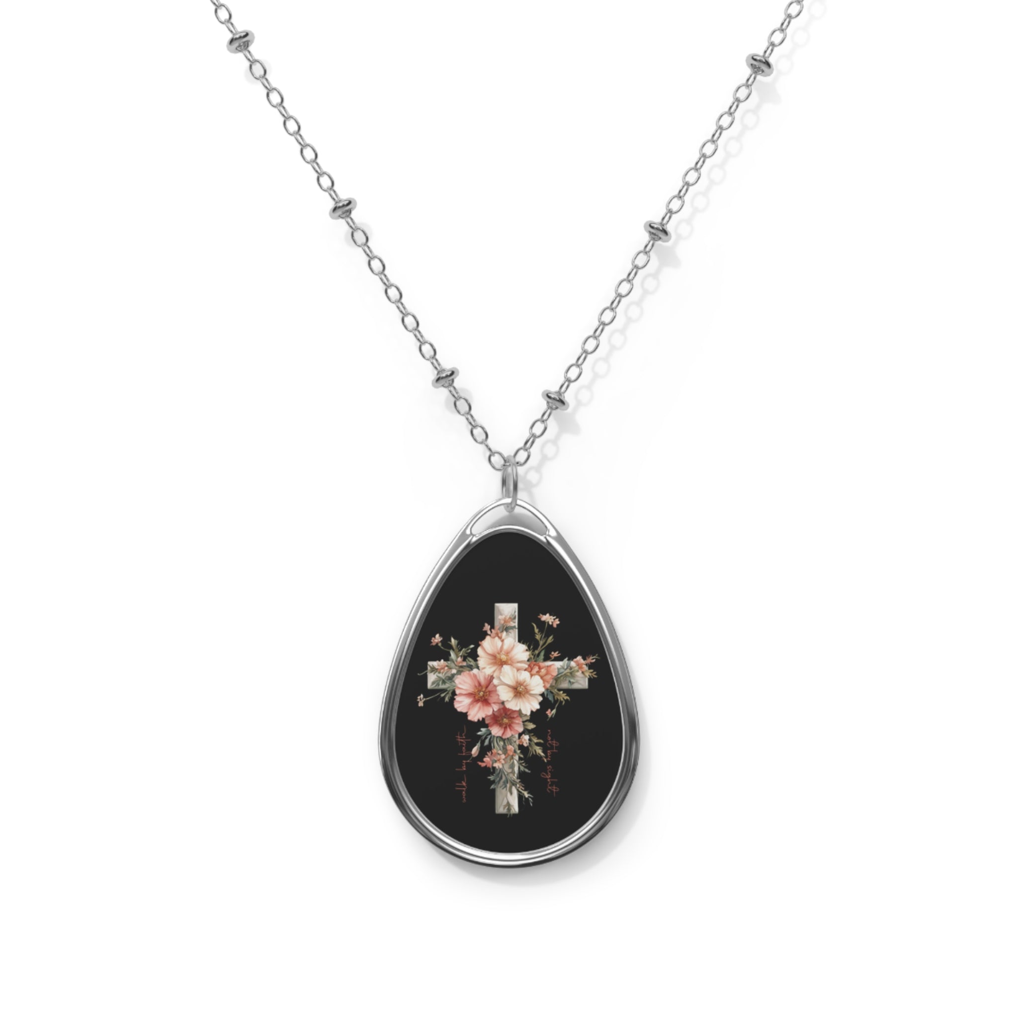 Floral Cross Oval Necklace — Engraveable Teardrop Pendant