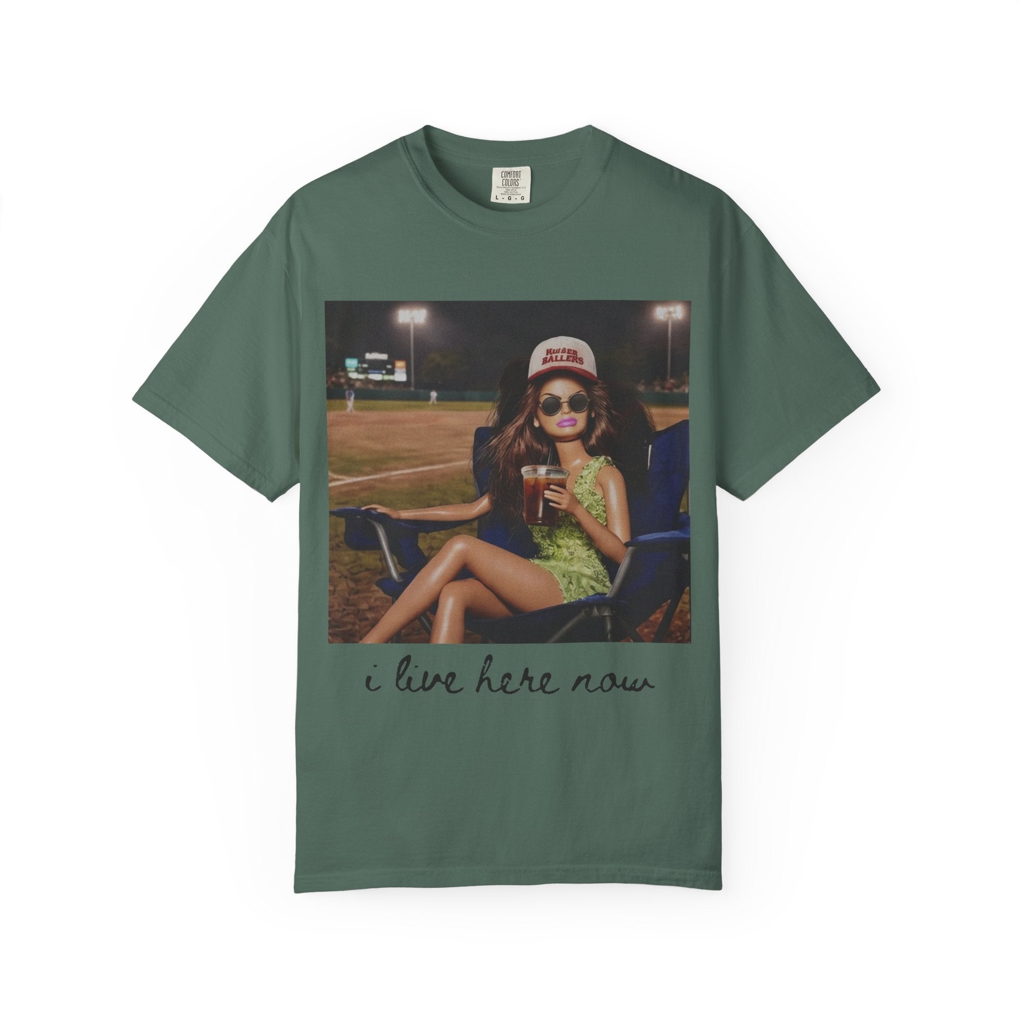 Graphic T-Shirt — 'I Live Here Now' Retro Girl Photo Tee