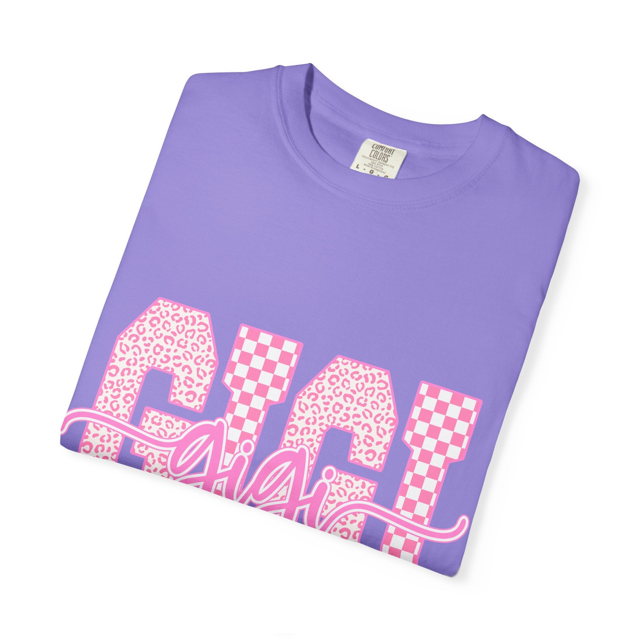 Gigi Pink Checkerboard Graphic Tee — Retro Floral & Checker 'GIGI' Shirt