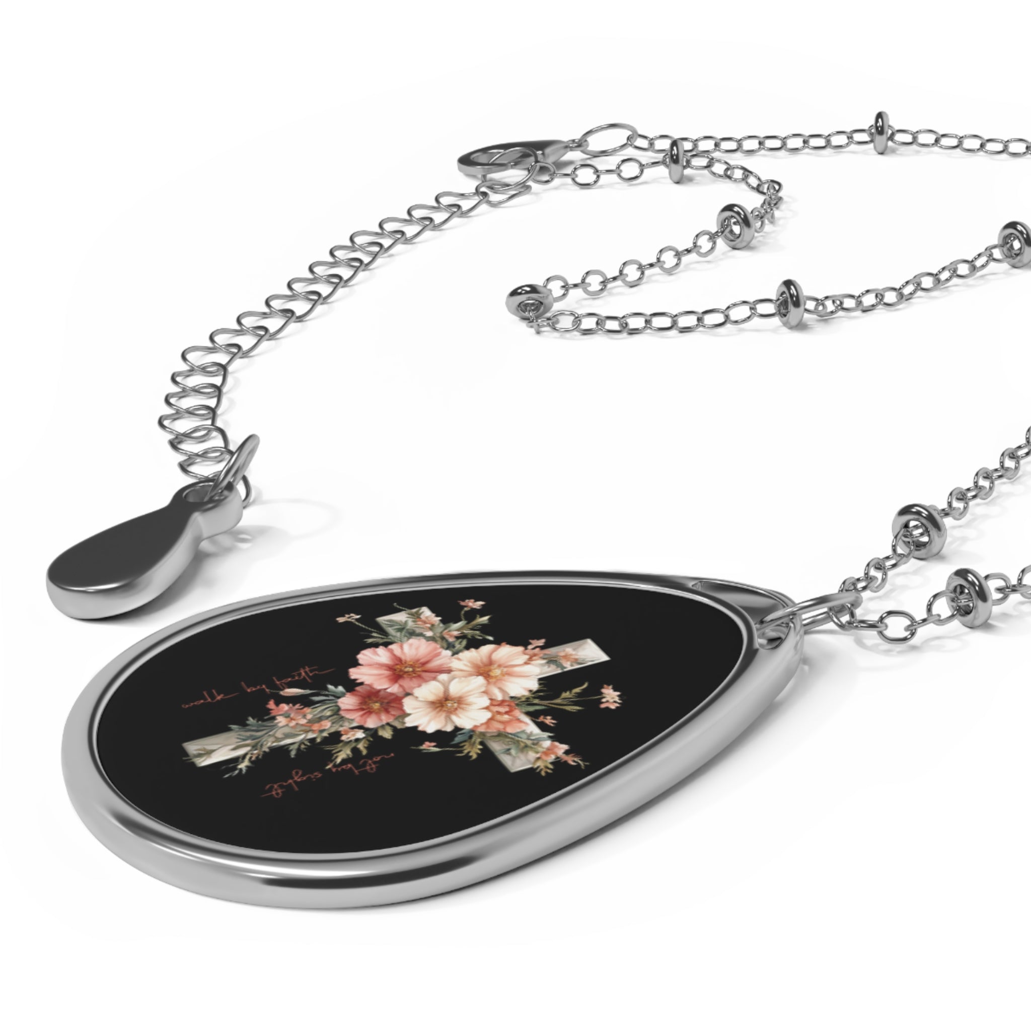 Floral Cross Oval Necklace — Engraveable Teardrop Pendant