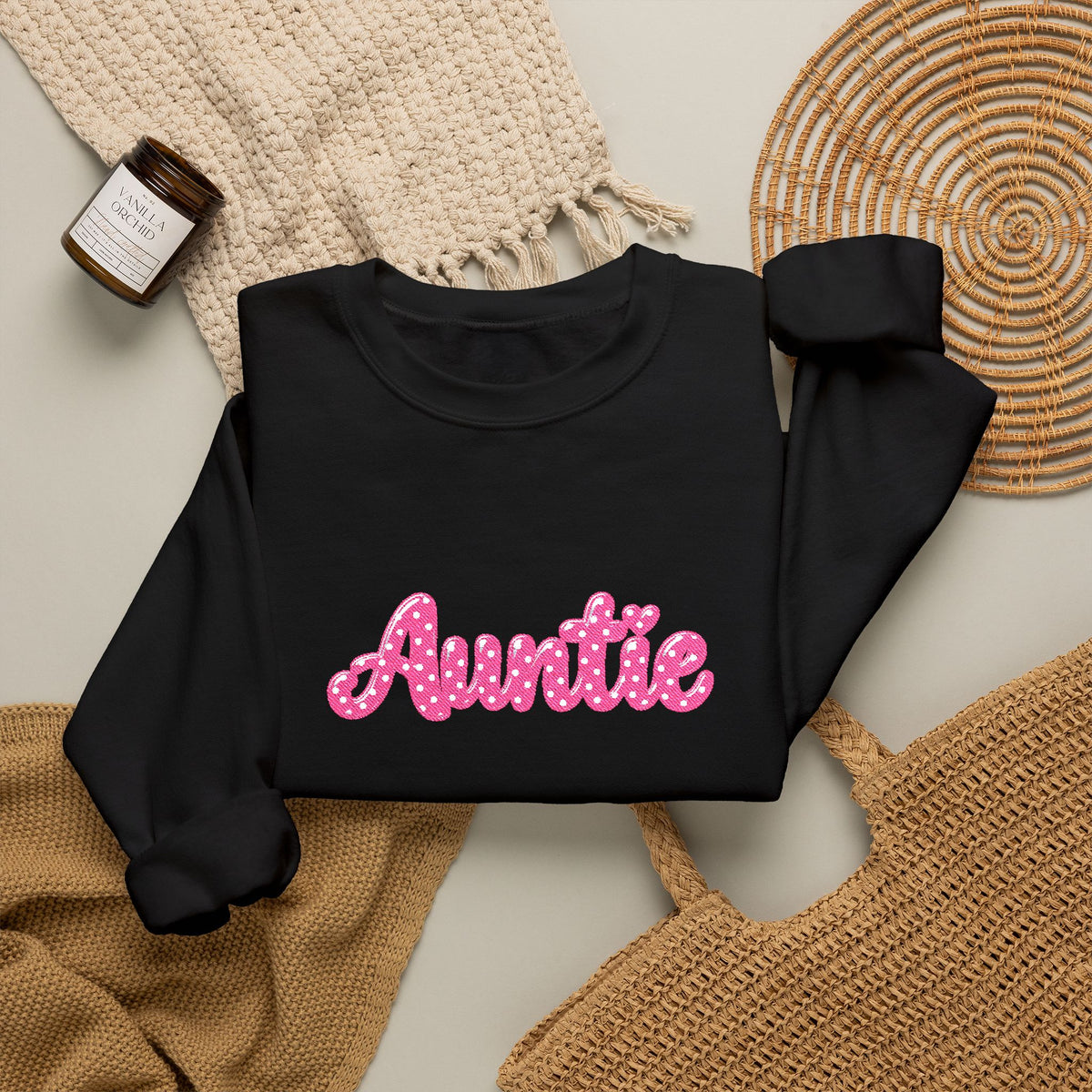 Auntie Crewneck Sweatshirt — Pink Glitter Text Casual Pullover