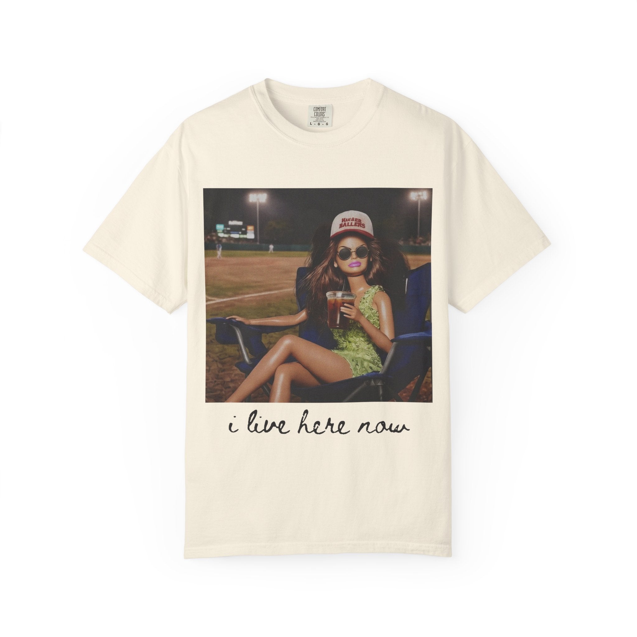Graphic T-Shirt — 'I Live Here Now' Retro Girl Photo Tee