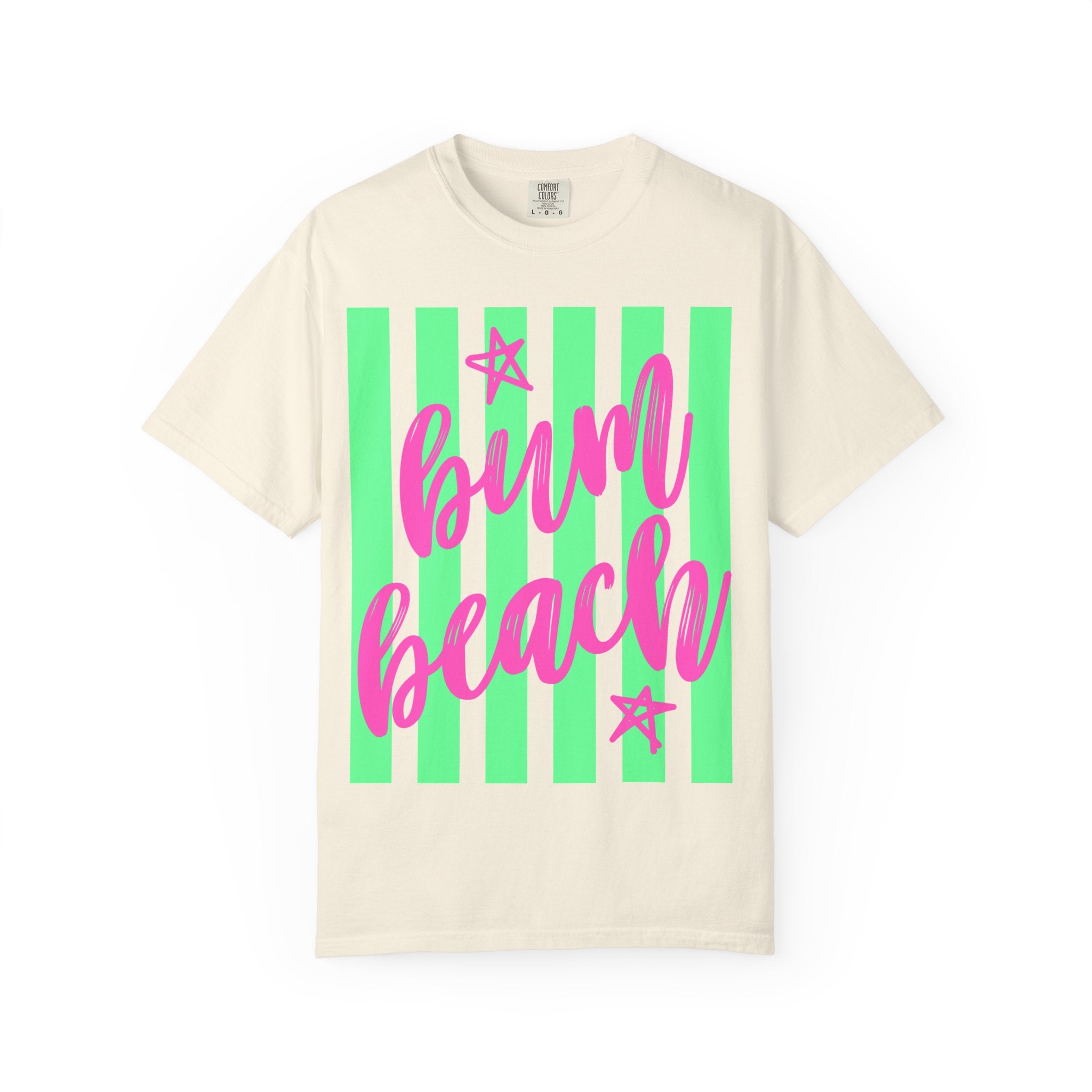 Bum Beach T-Shirt — Neon Pink Script on Green Stripe Summer Tee