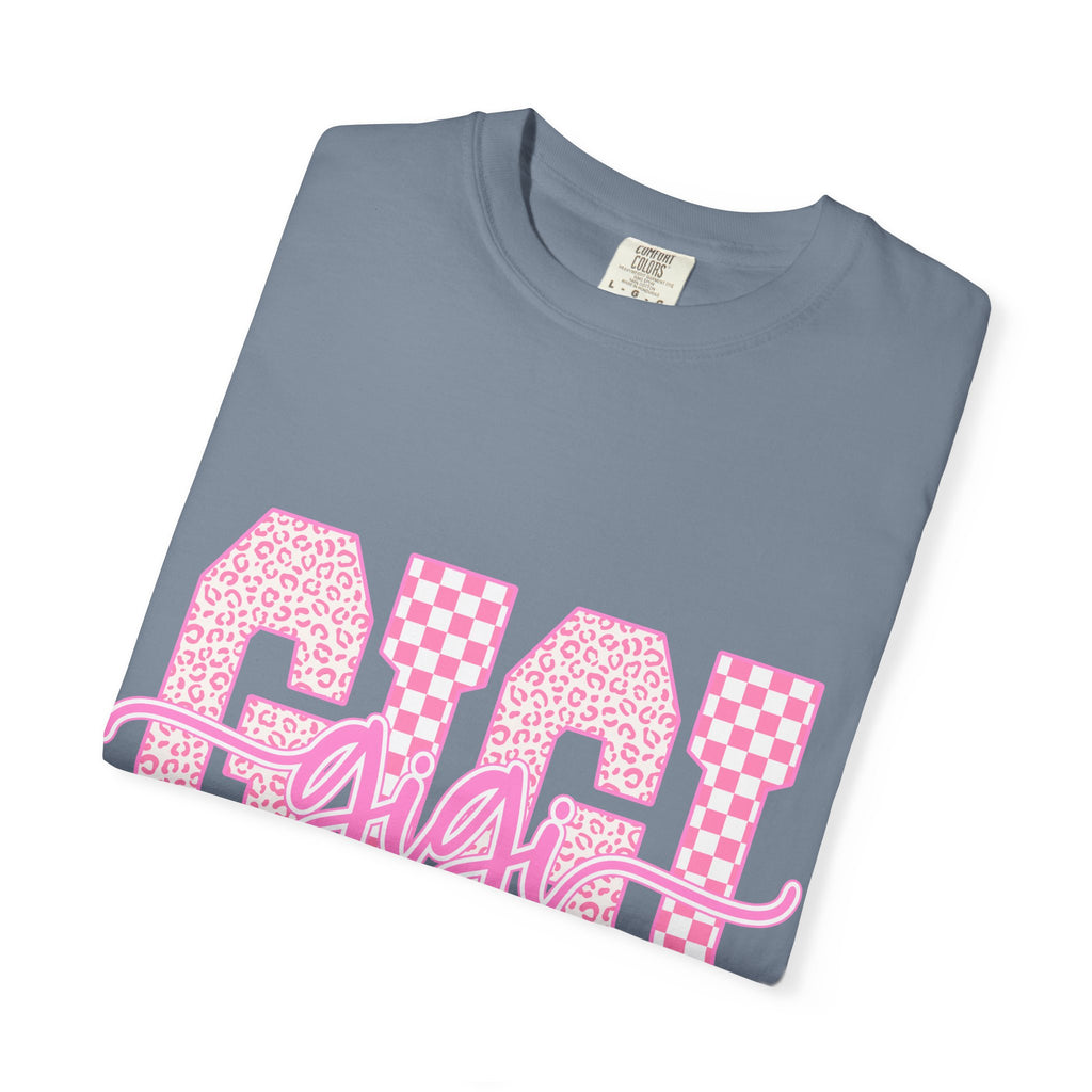 Gigi Pink Checkerboard Graphic Tee — Retro Floral & Checker 'GIGI' Shirt