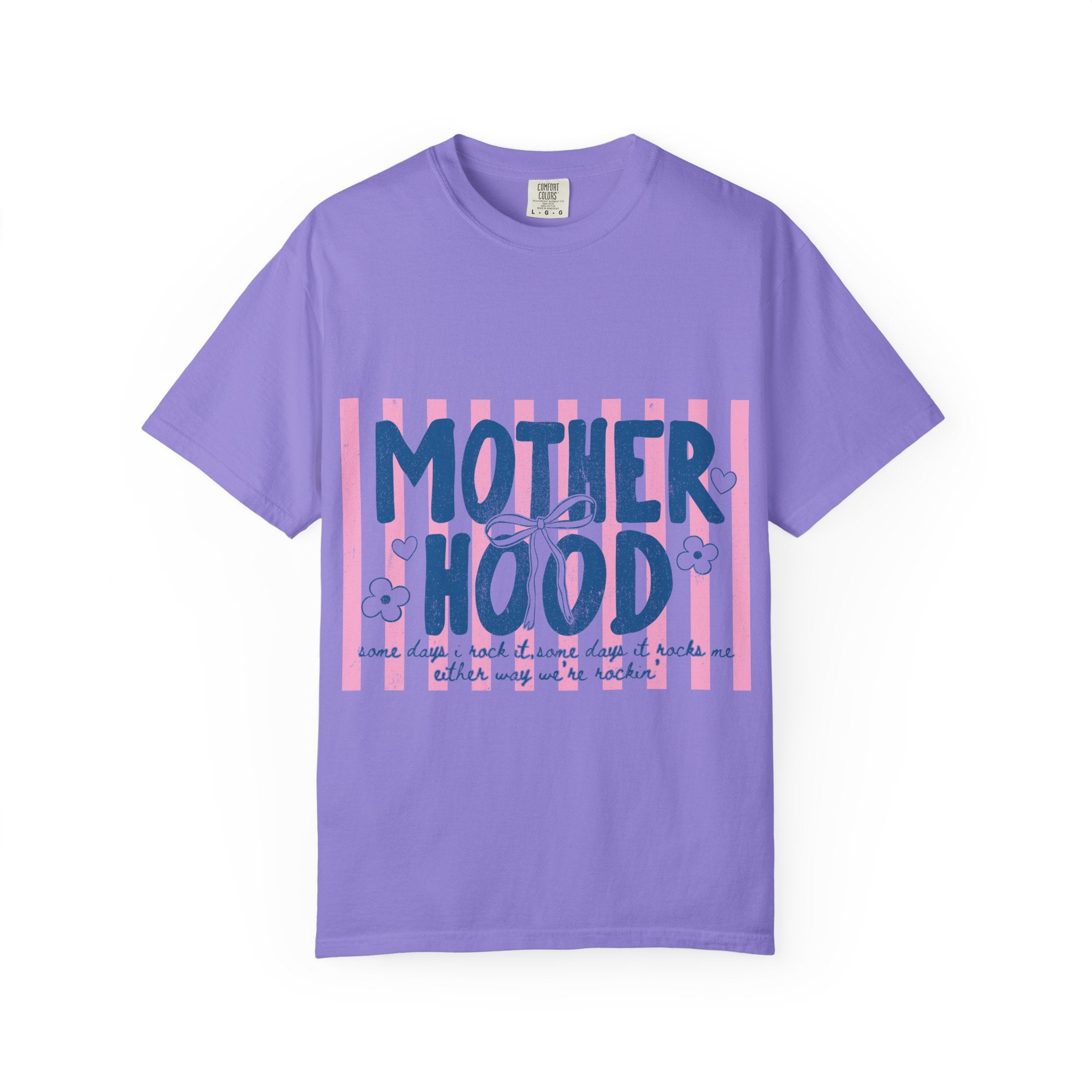 Motherhood Graphic T-Shirt — "Motherhood" Pink Stripe Floral Tee for Moms