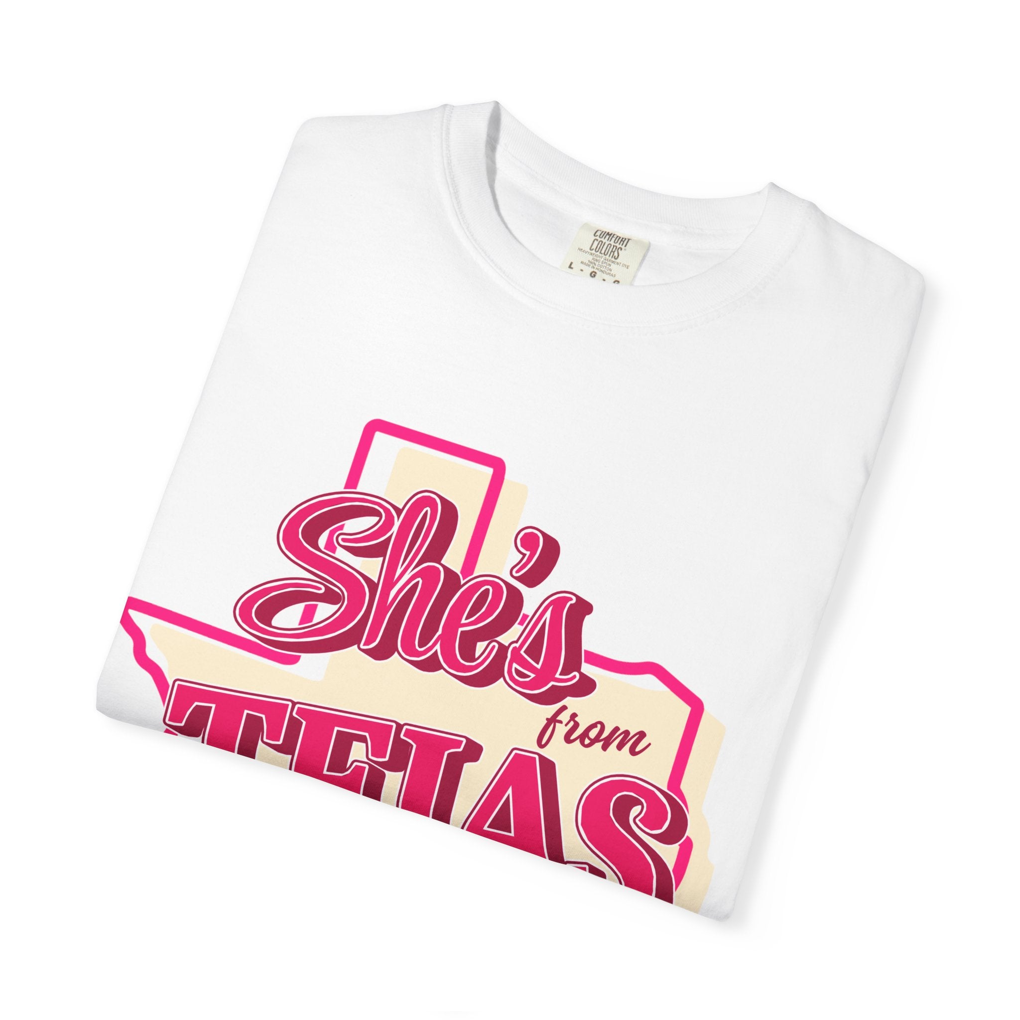 She's From Tejas T-Shirt — Retro Texas Pride Pink Graphic Tee
