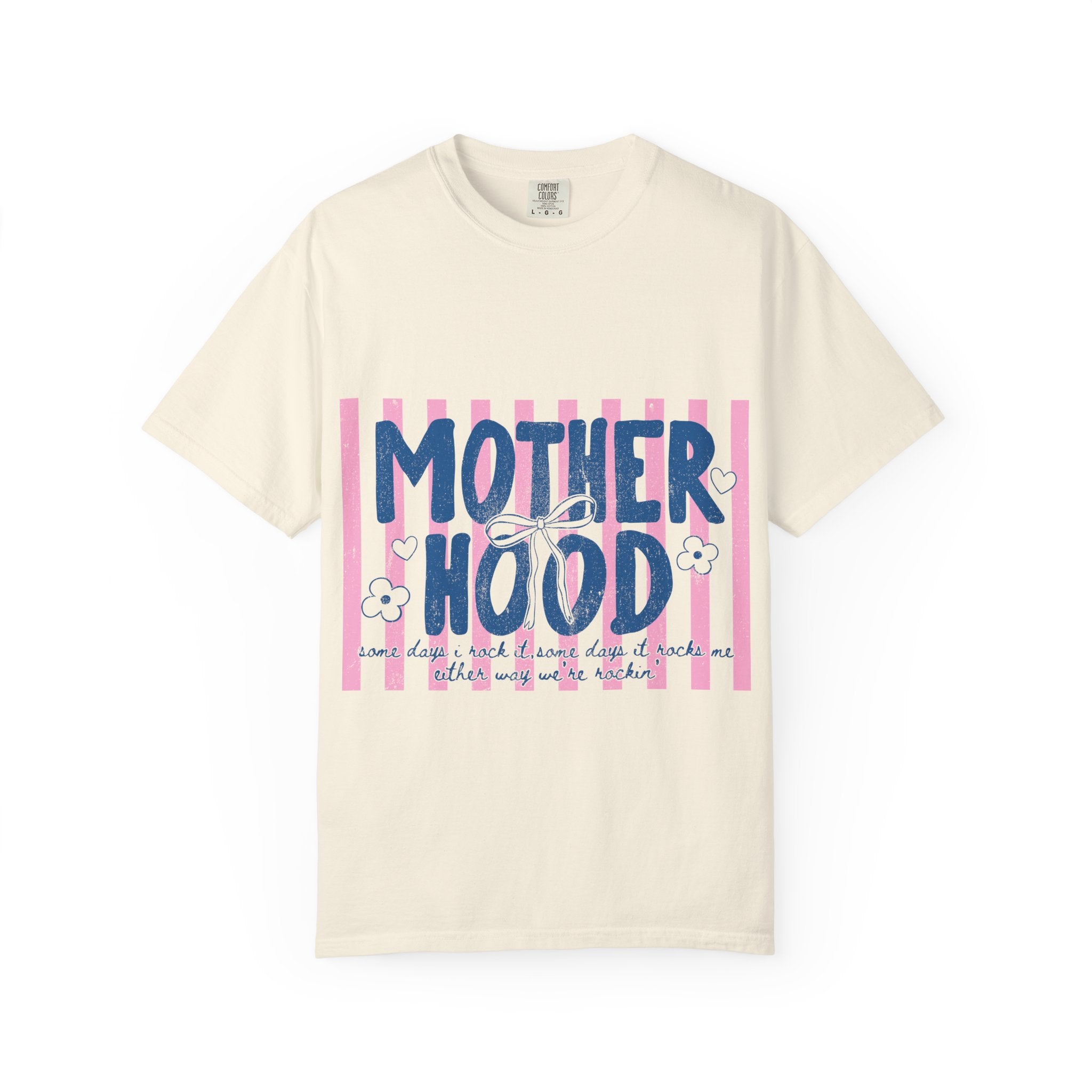 Motherhood Graphic T-Shirt — "Motherhood" Pink Stripe Floral Tee for Moms