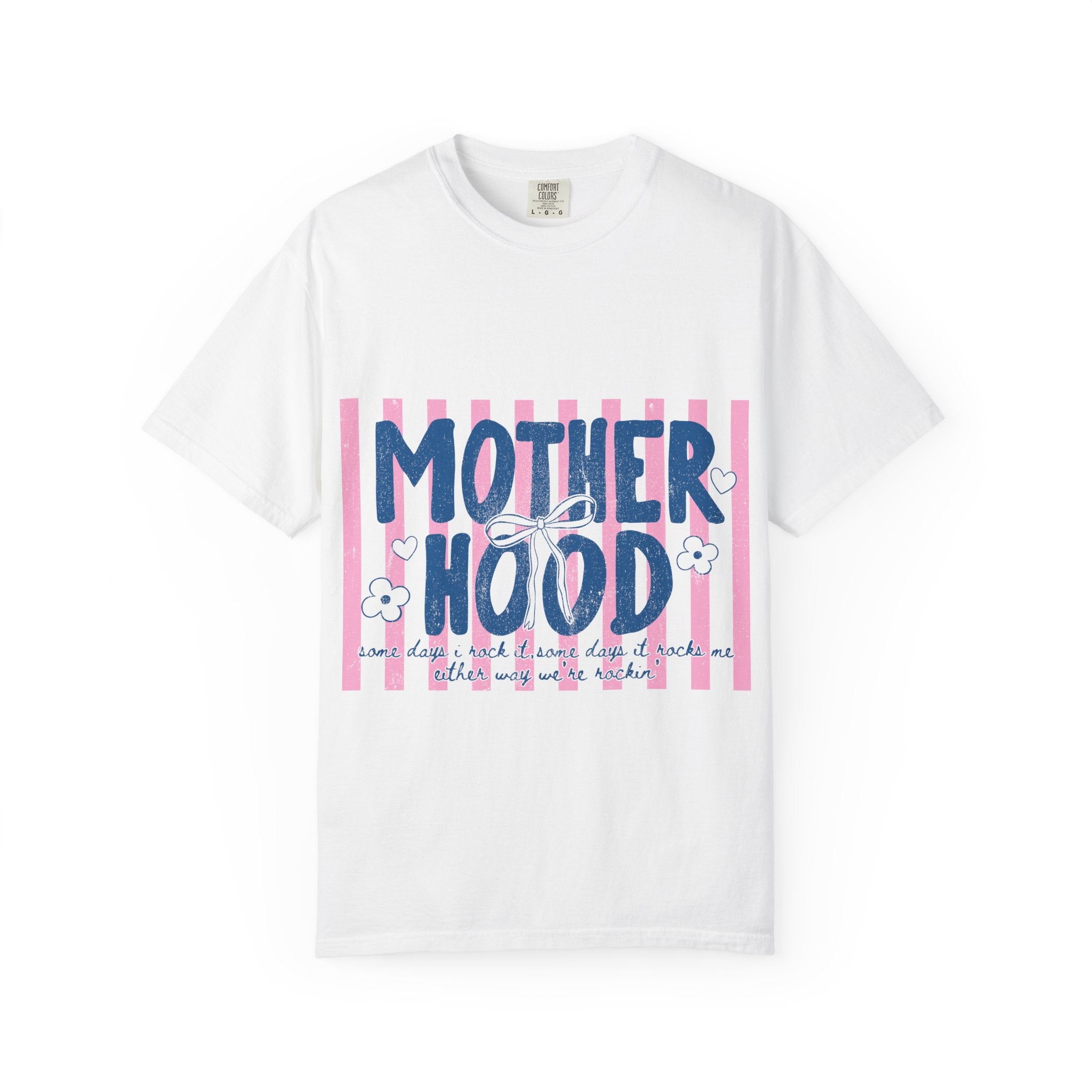 Motherhood Graphic T-Shirt — "Motherhood" Pink Stripe Floral Tee for Moms