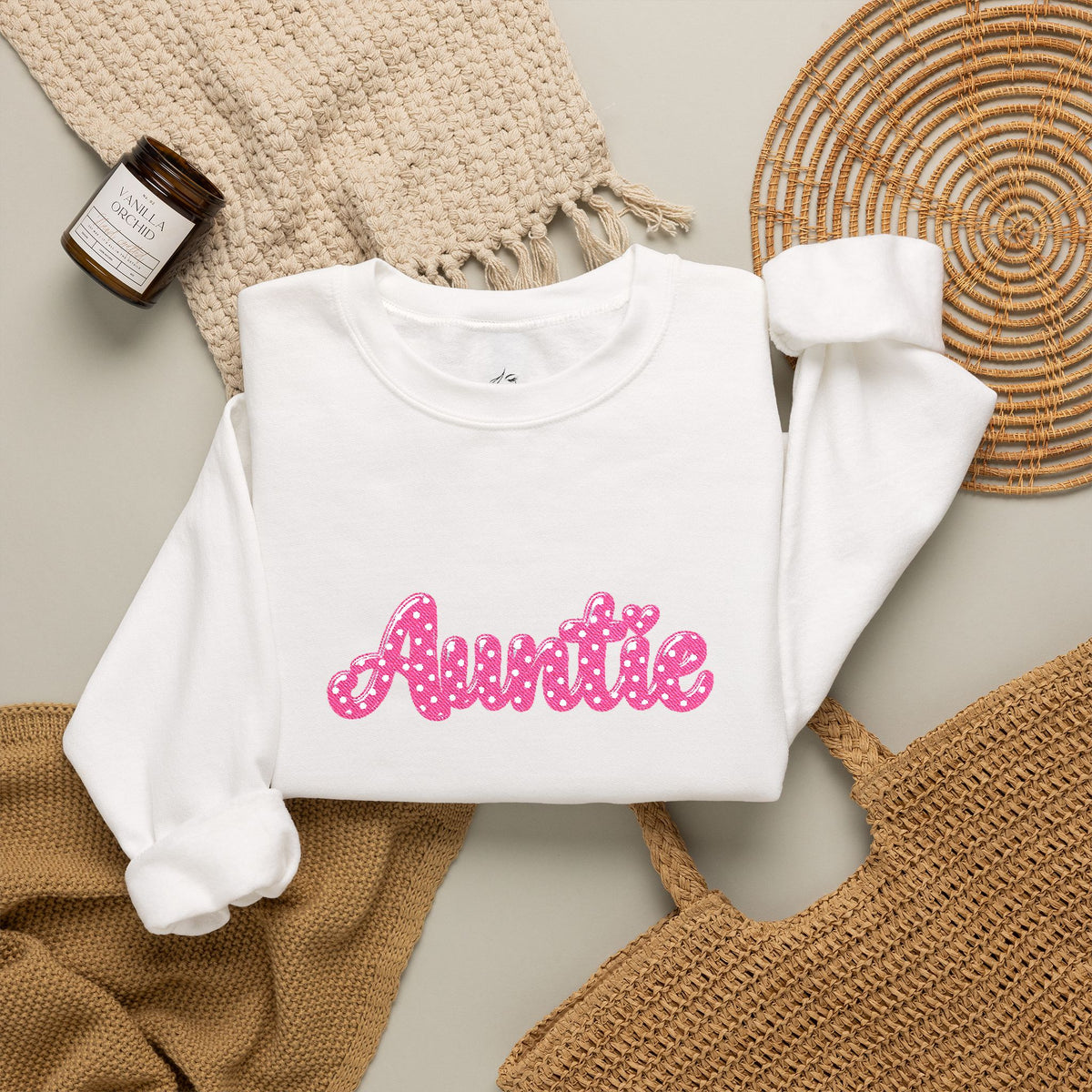 Auntie Crewneck Sweatshirt — Pink Glitter Text Casual Pullover