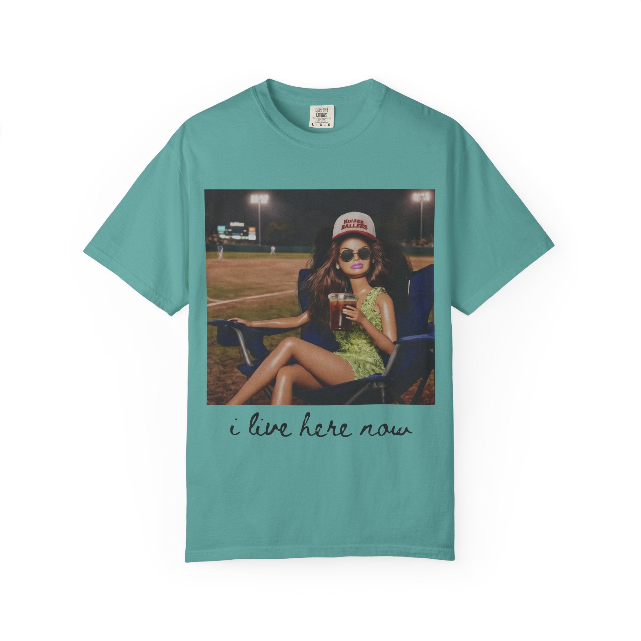 Graphic T-Shirt — 'I Live Here Now' Retro Girl Photo Tee