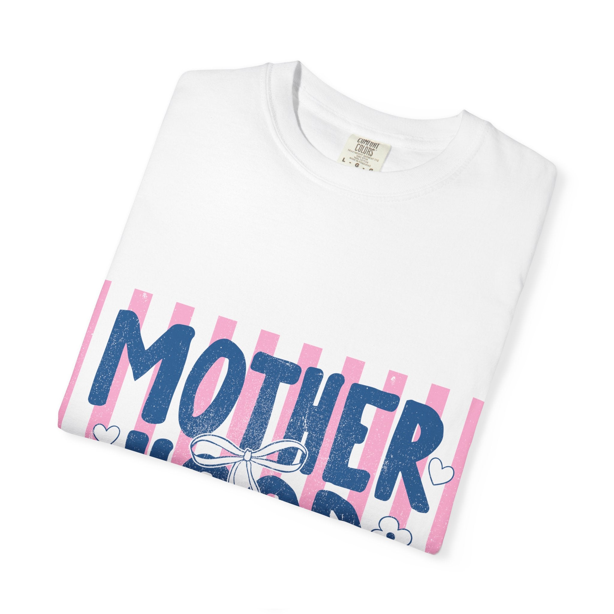 Motherhood Graphic T-Shirt — "Motherhood" Pink Stripe Floral Tee for Moms