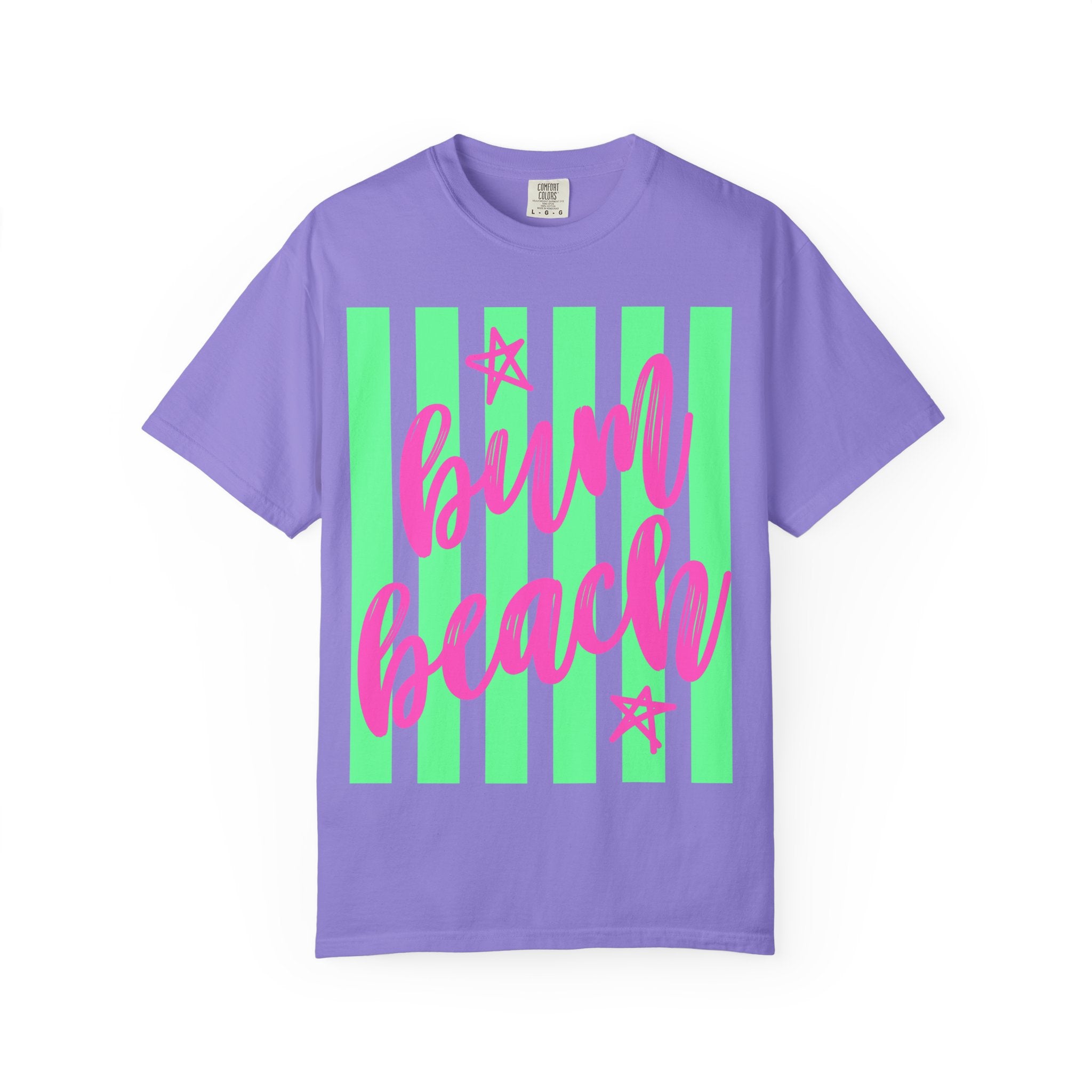 Bum Beach T-Shirt — Neon Pink Script on Green Stripe Summer Tee