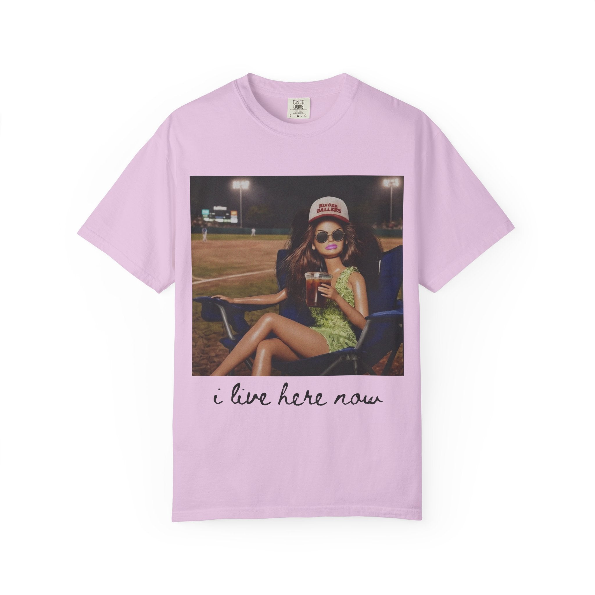 Graphic T-Shirt — 'I Live Here Now' Retro Girl Photo Tee