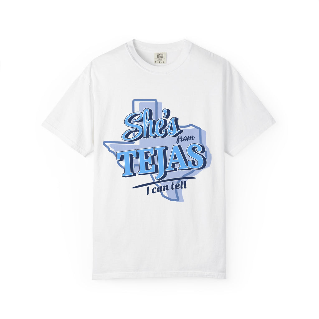 She's From Tejas T-Shirt — Texas Retro Script Tee