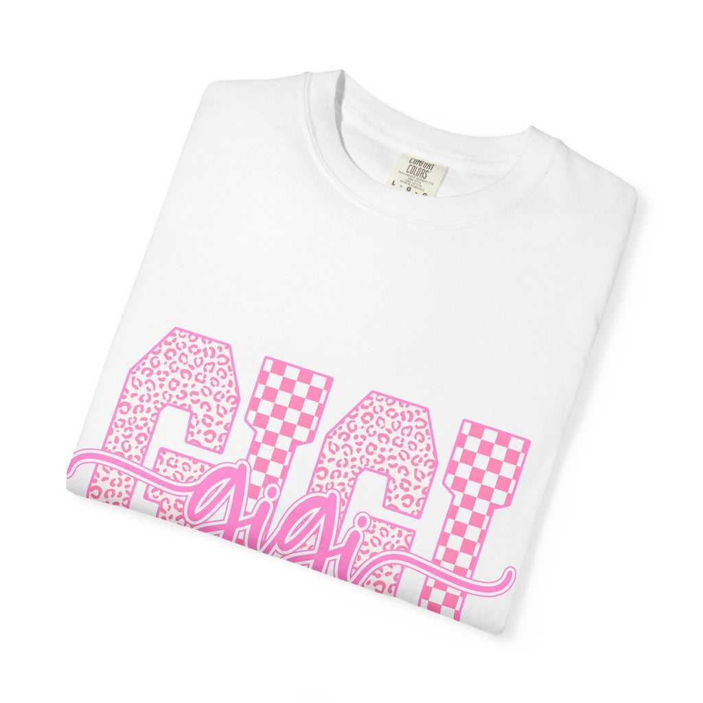 Gigi Pink Checkerboard Graphic Tee — Retro Floral & Checker 'GIGI' Shirt