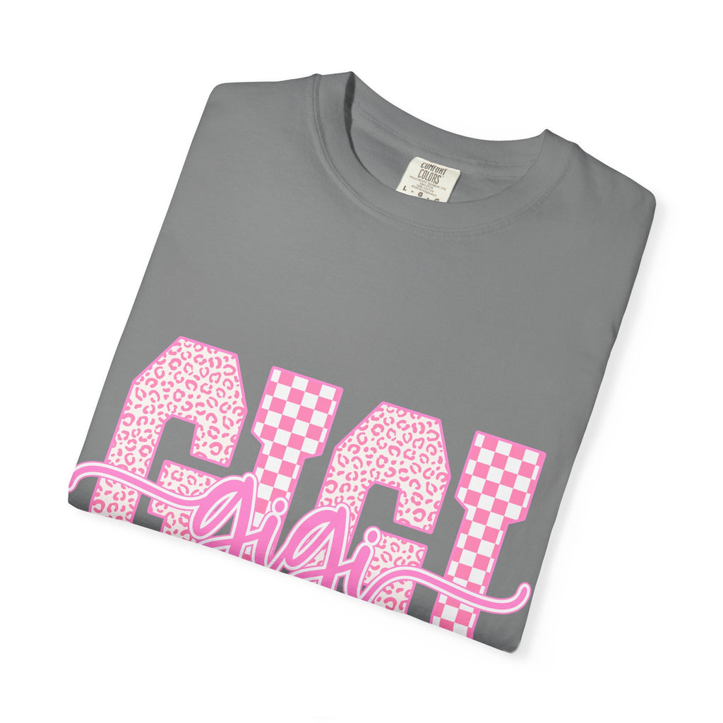 Gigi Pink Checkerboard Graphic Tee — Retro Floral & Checker 'GIGI' Shirt