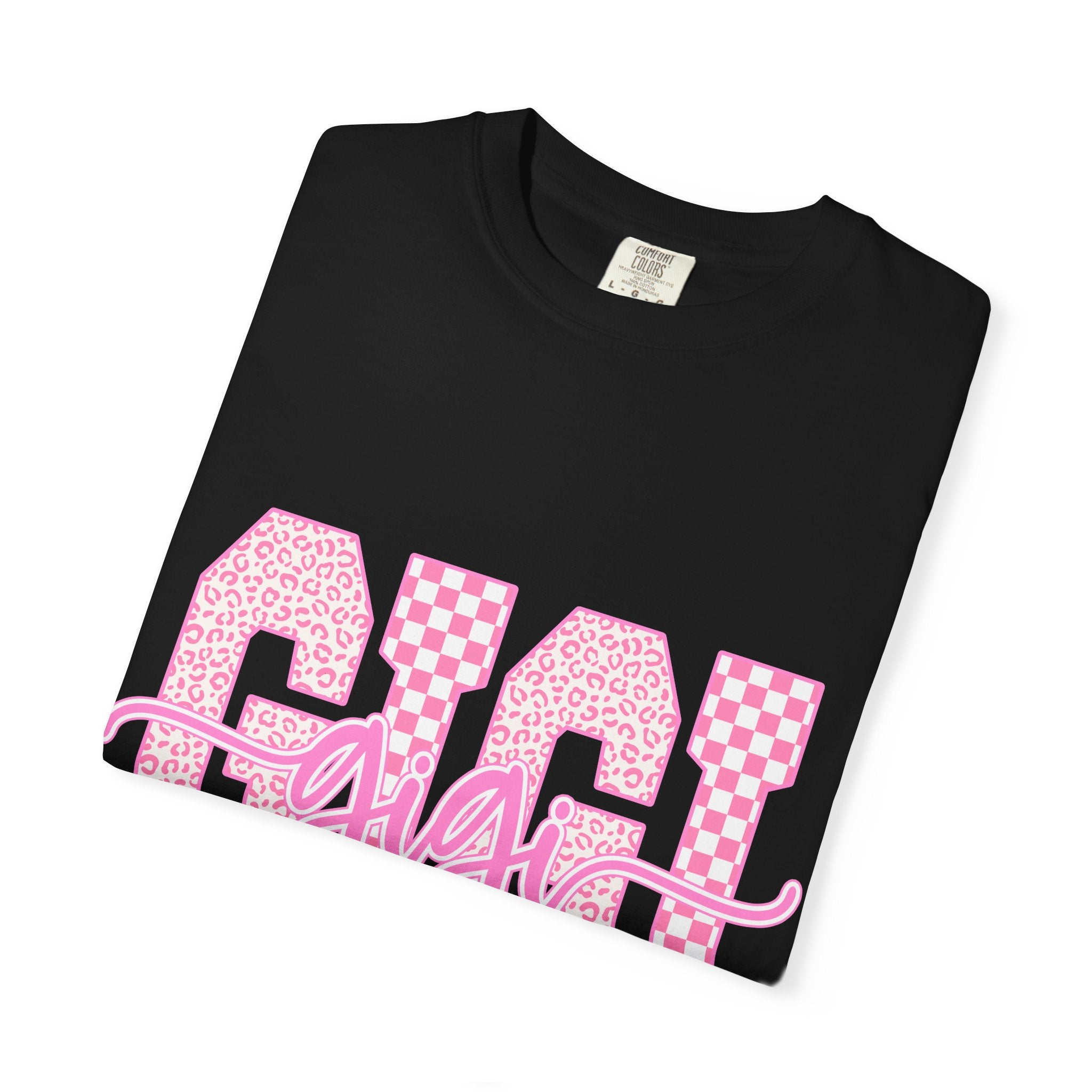 Gigi Pink Checkerboard Graphic Tee — Retro Floral & Checker 'GIGI' Shirt