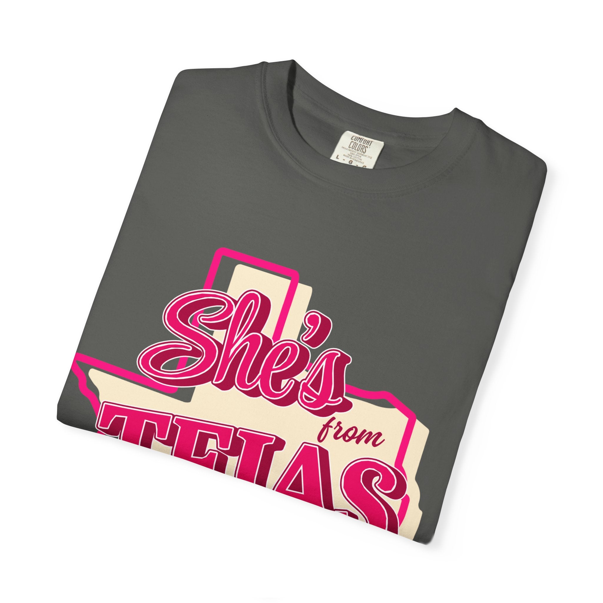 She's From Tejas T-Shirt — Retro Texas Pride Pink Graphic Tee