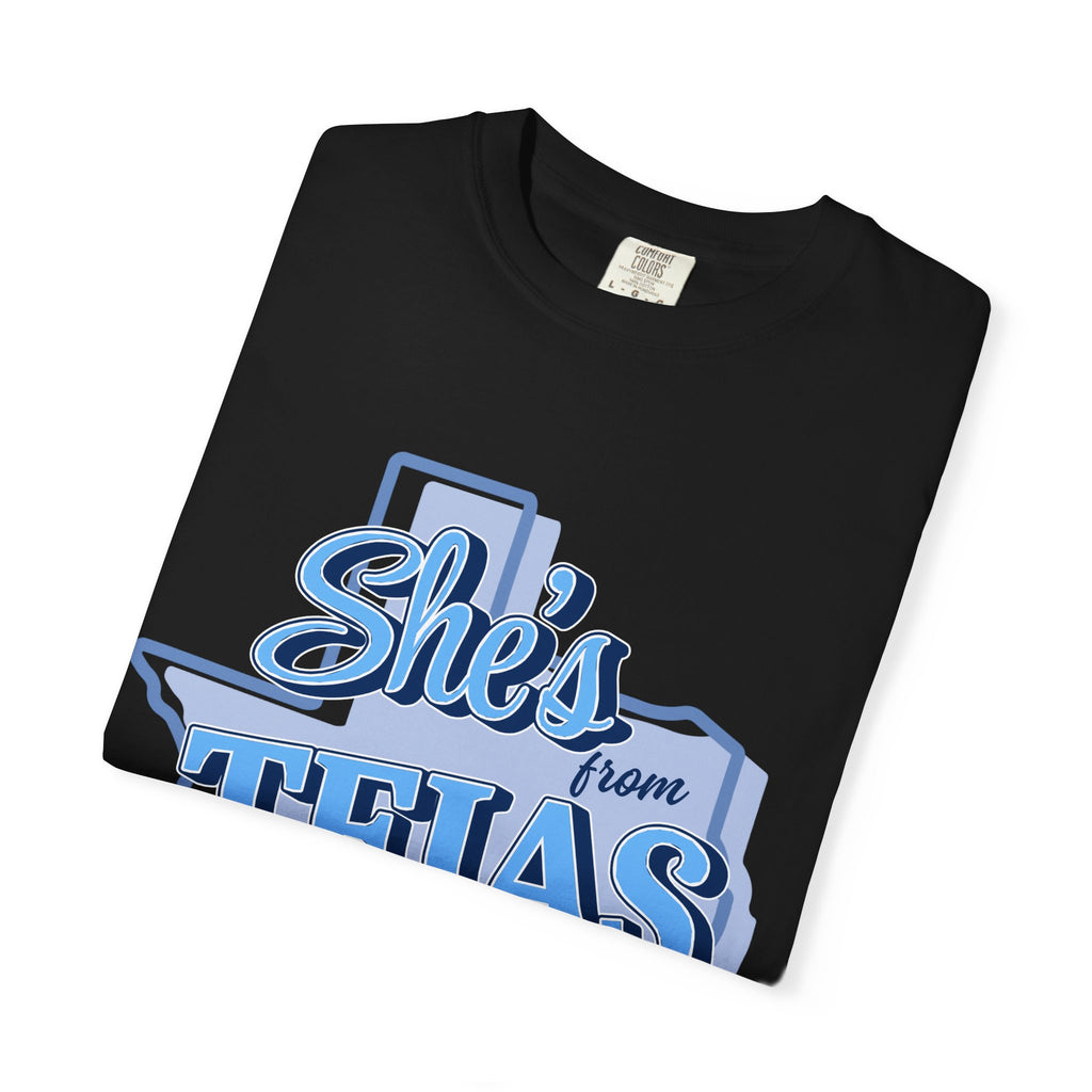 She's From Tejas T-Shirt — Texas Retro Script Tee