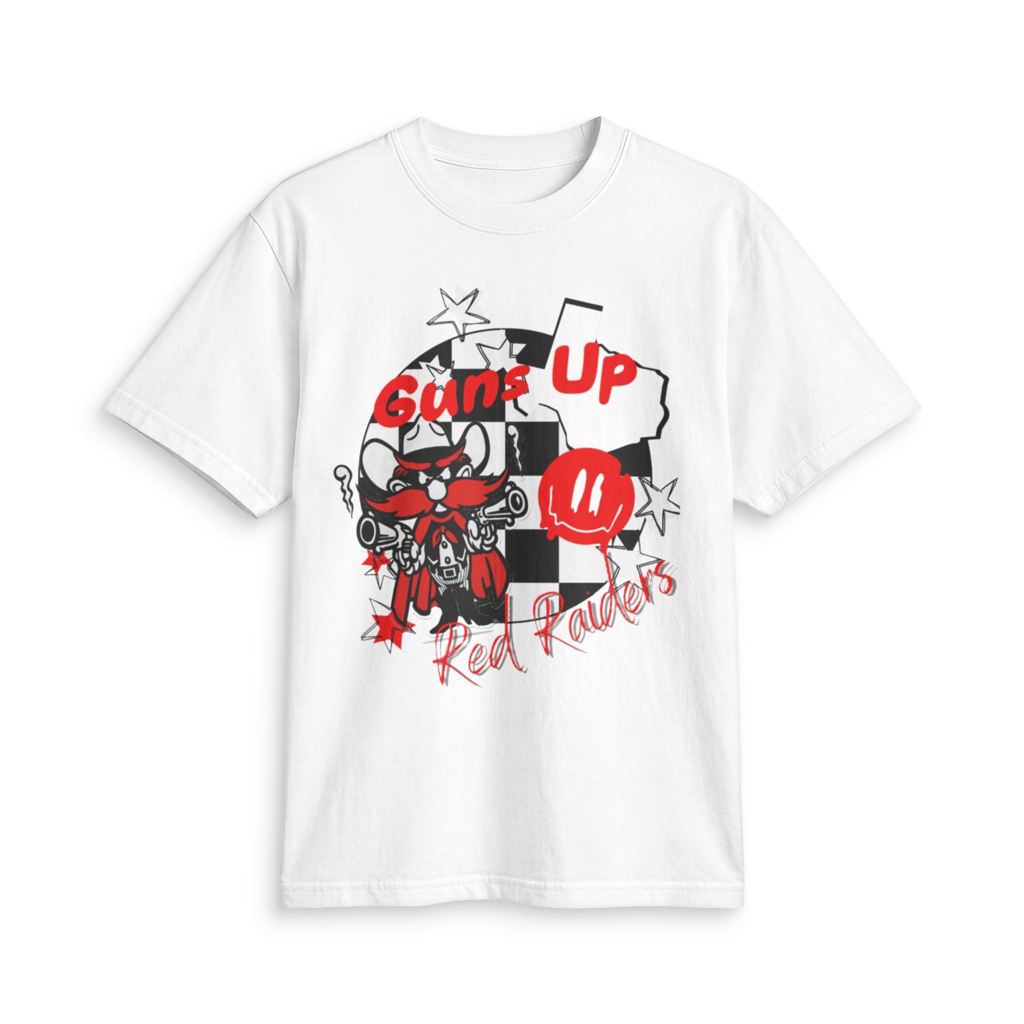 Guns Up Red Raiders T-Shirt — Aggressive Skull & Checkerboard Texas Tech Fan Tee